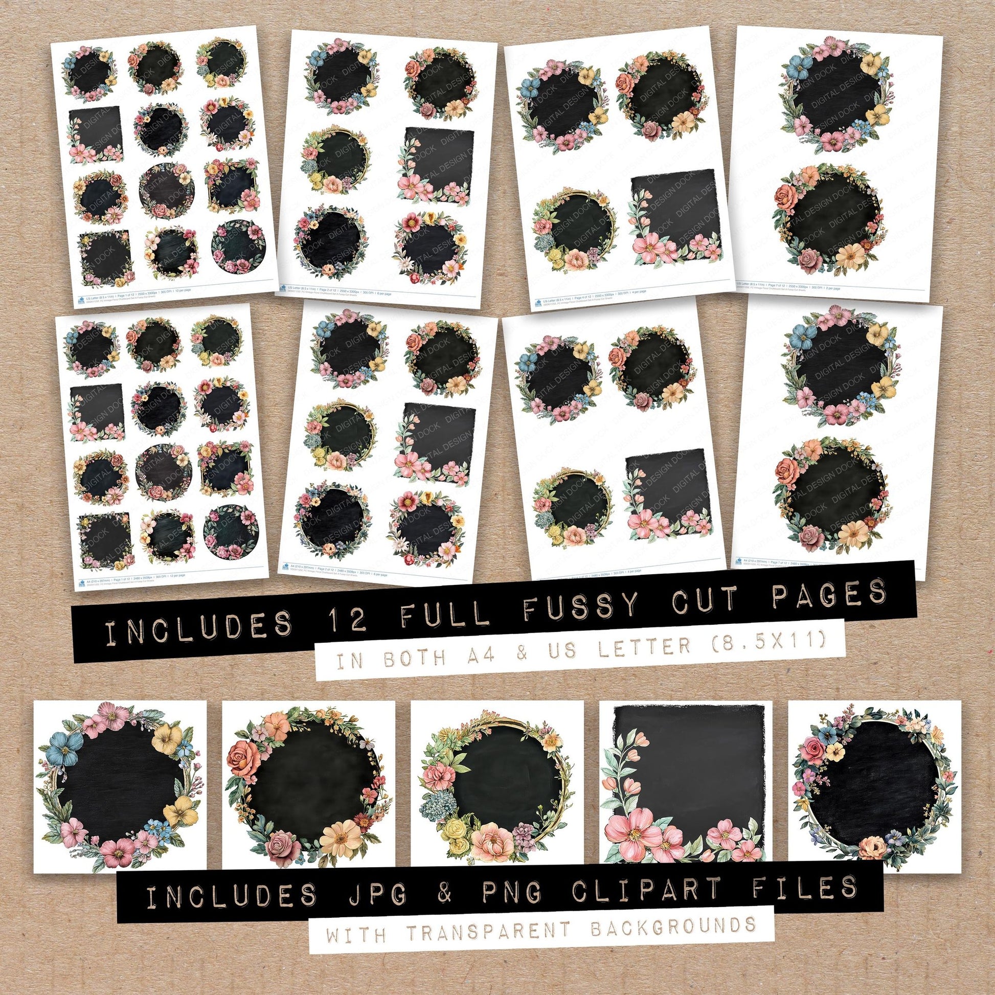 Full collection view of Vintage Floral Chalkboard A fussy cut sheets with bonus clipart JPG and PNG files