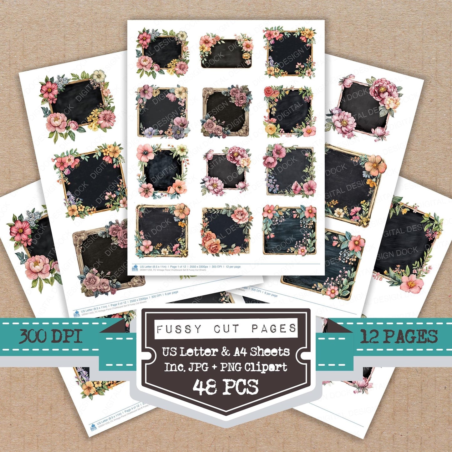 Vintage Floral Chalkboard Set B Fussy Cut Sheets (DDD011233)