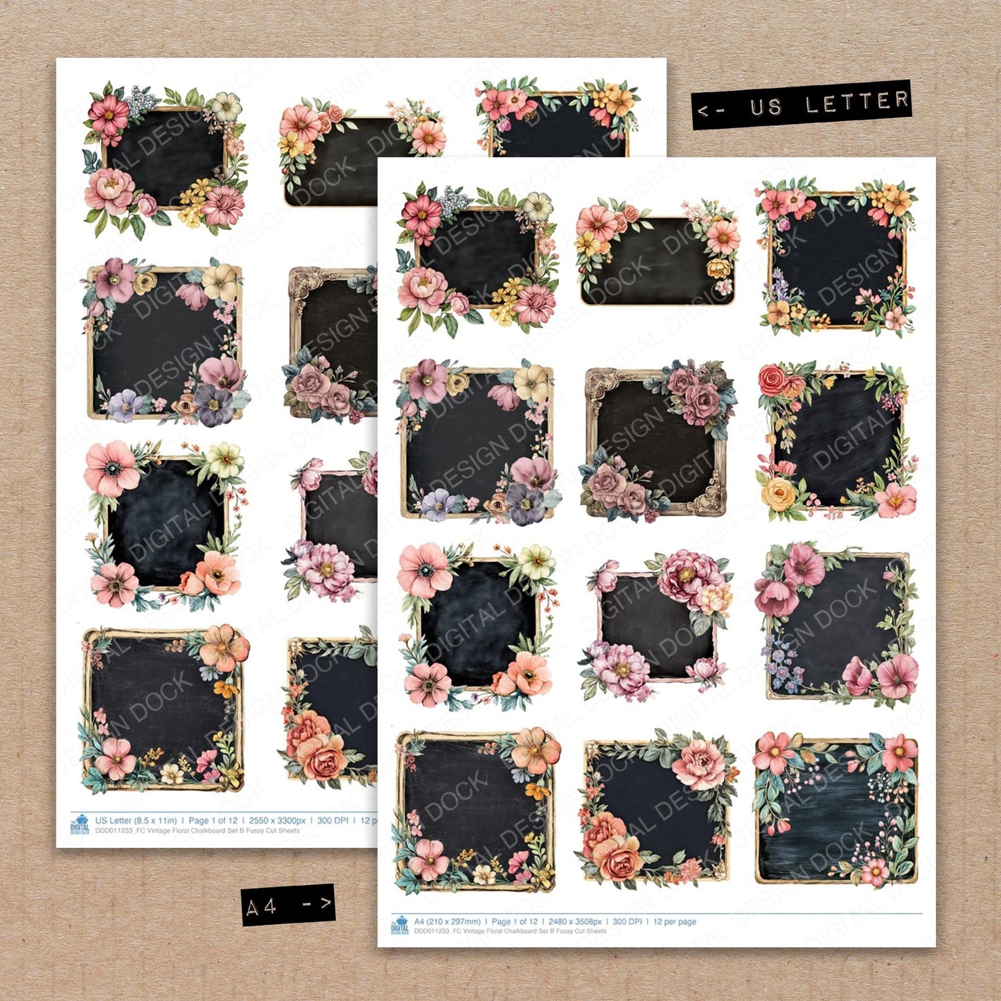 Vintage Floral Chalkboard Set B Fussy Cut Sheets (DDD011233)