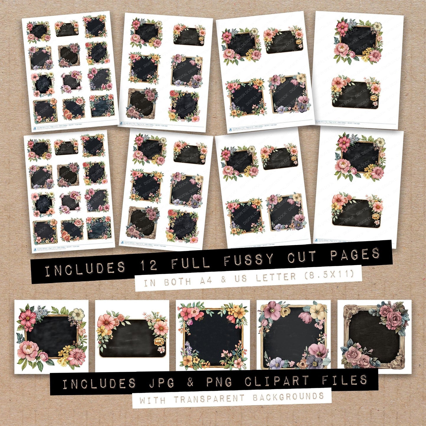 Vintage Floral Chalkboard Set B Fussy Cut Sheets (DDD011233)