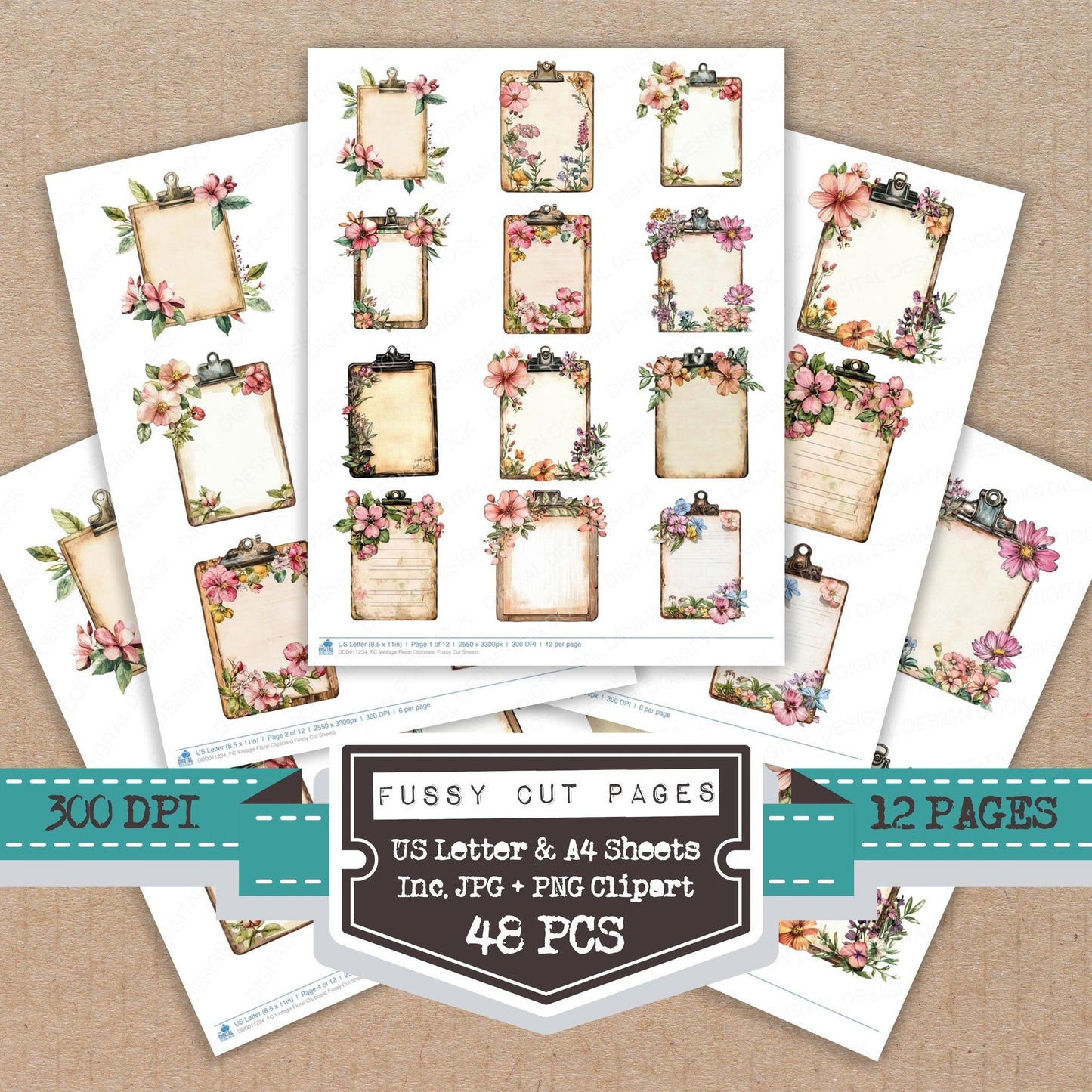 Vintage Floral Clipboard Fussy Cut Sheets (DDD011234)