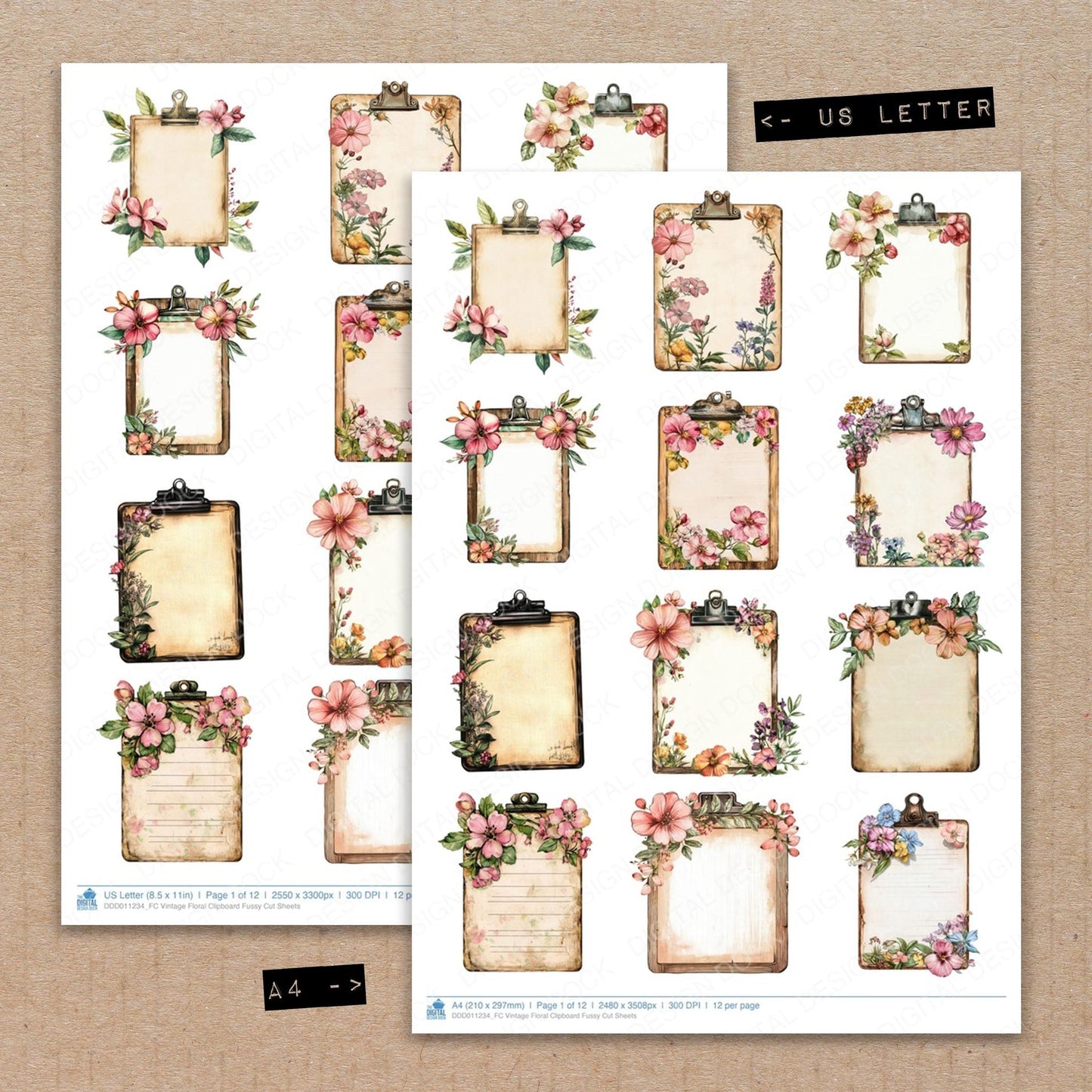 Vintage Floral Clipboard Fussy Cut Sheets (DDD011234)