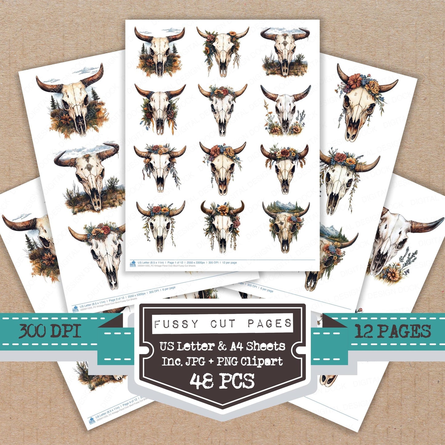 Vintage Floral Cow Skull fussy cut printable sheets for junk journaling, scrapbooking, and paper craft projects