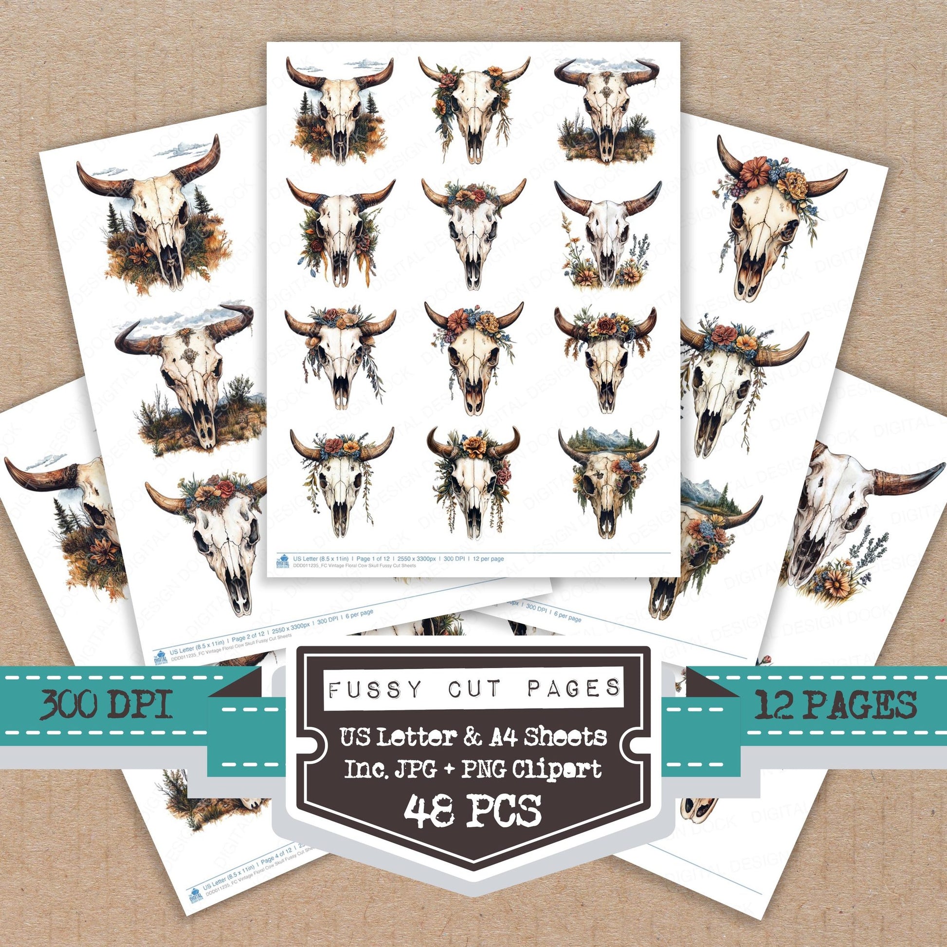 Vintage Floral Cow Skull fussy cut printable sheets for junk journaling, scrapbooking, and paper craft projects