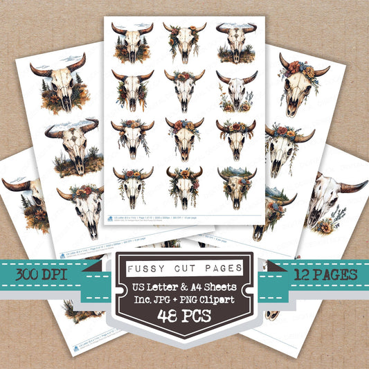 Vintage Floral Cow Skull fussy cut printable sheets for junk journaling, scrapbooking, and paper craft projects