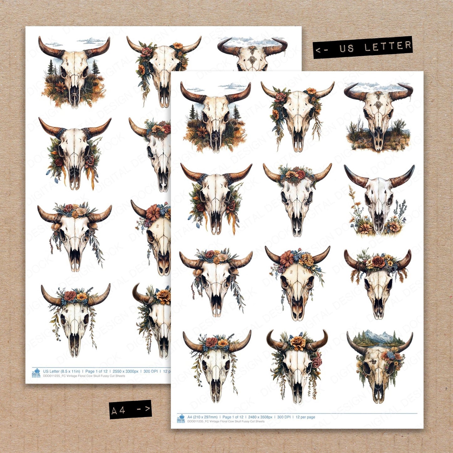 A4 and US Letter format comparison showing Vintage Floral Cow Skull fussy cut pages for print and cut crafting
