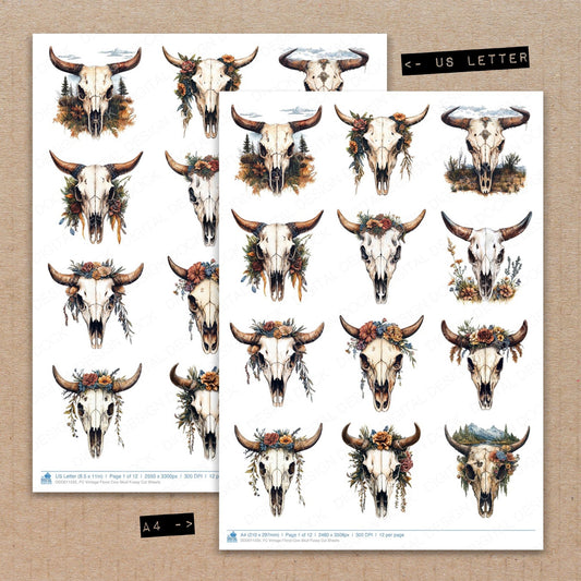 A4 and US Letter format comparison showing Vintage Floral Cow Skull fussy cut pages for print and cut crafting