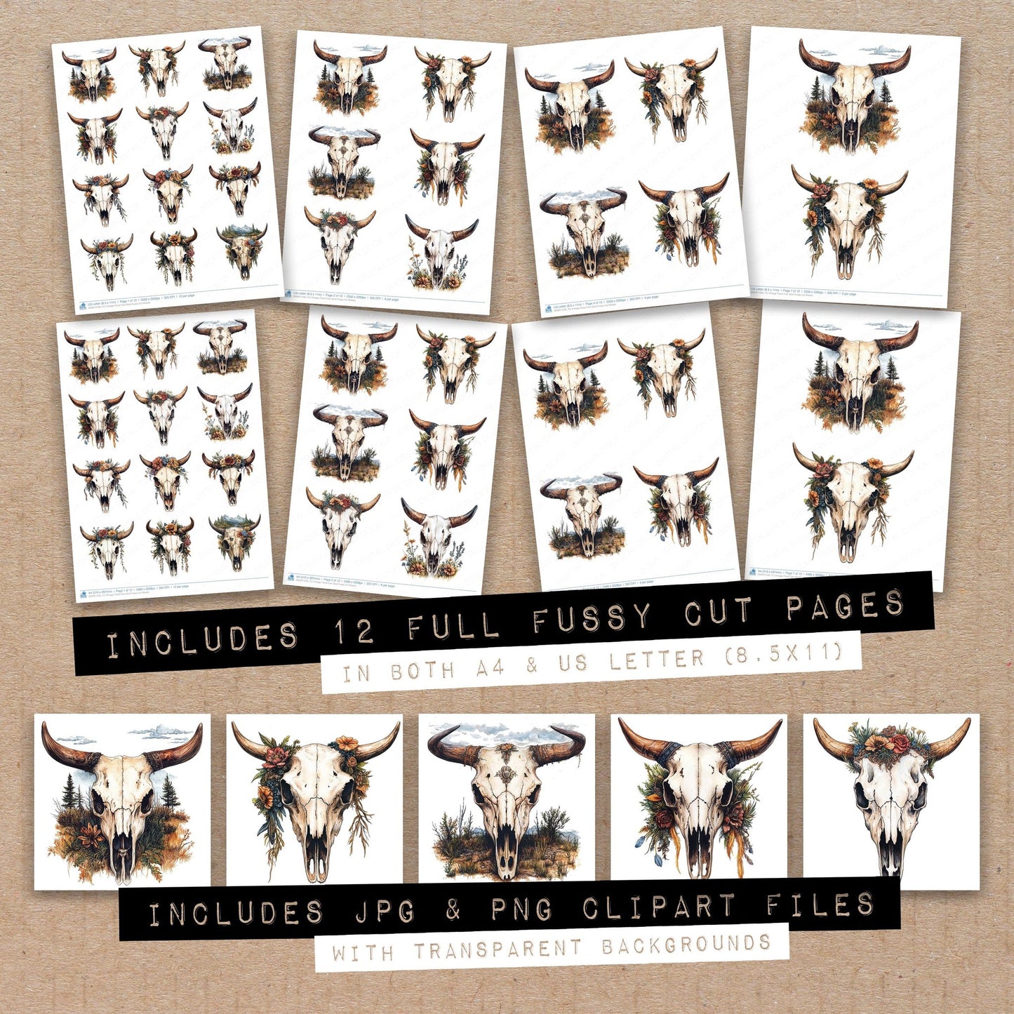 Full collection view of Vintage Floral Cow Skull fussy cut sheets with bonus clipart JPG and PNG files