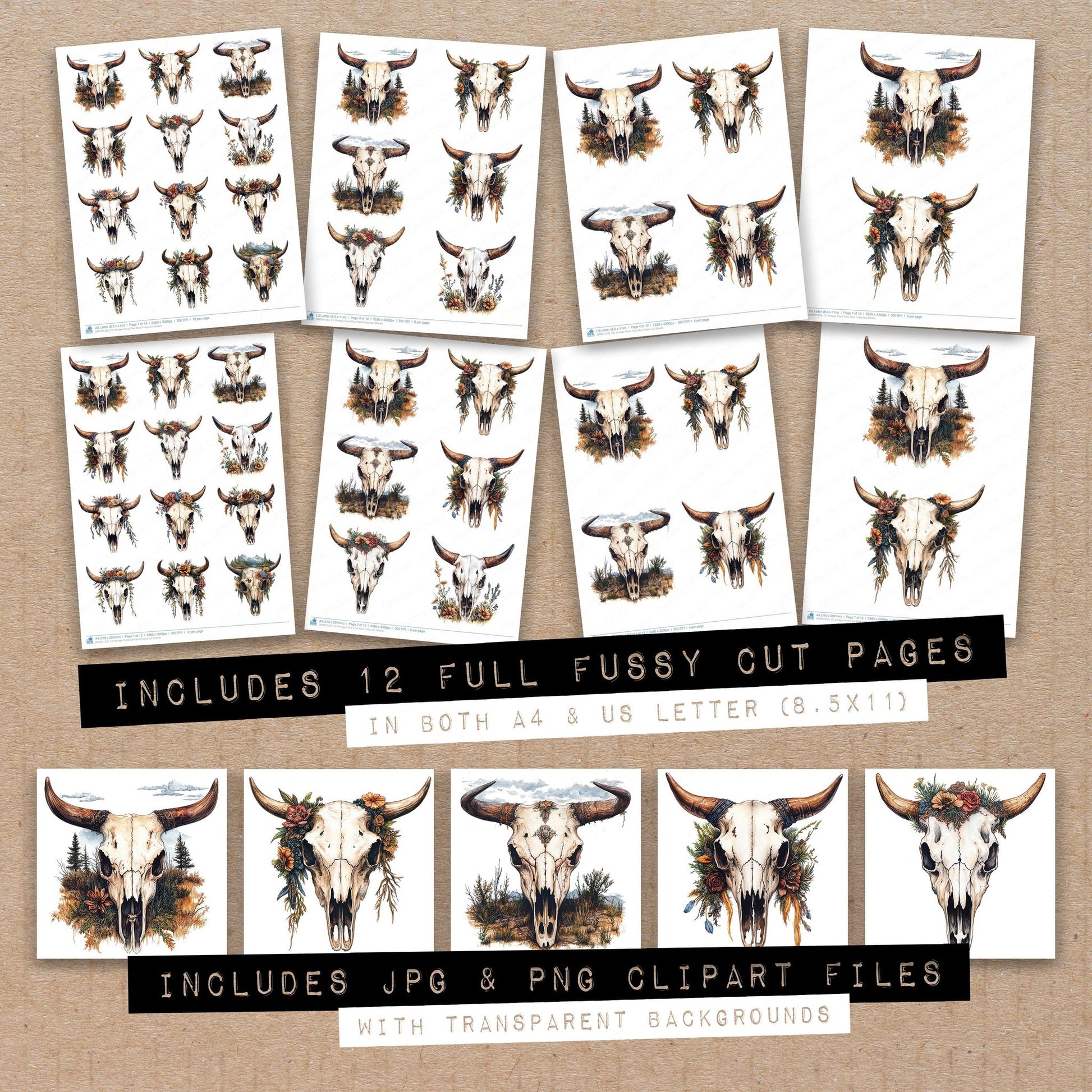 Full collection view of Vintage Floral Cow Skull fussy cut sheets with bonus clipart JPG and PNG files