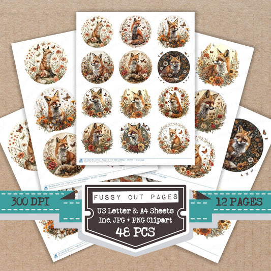 Vintage Floral Fox Illustration fussy cut printable sheets for junk journaling, scrapbooking, and paper craft projects