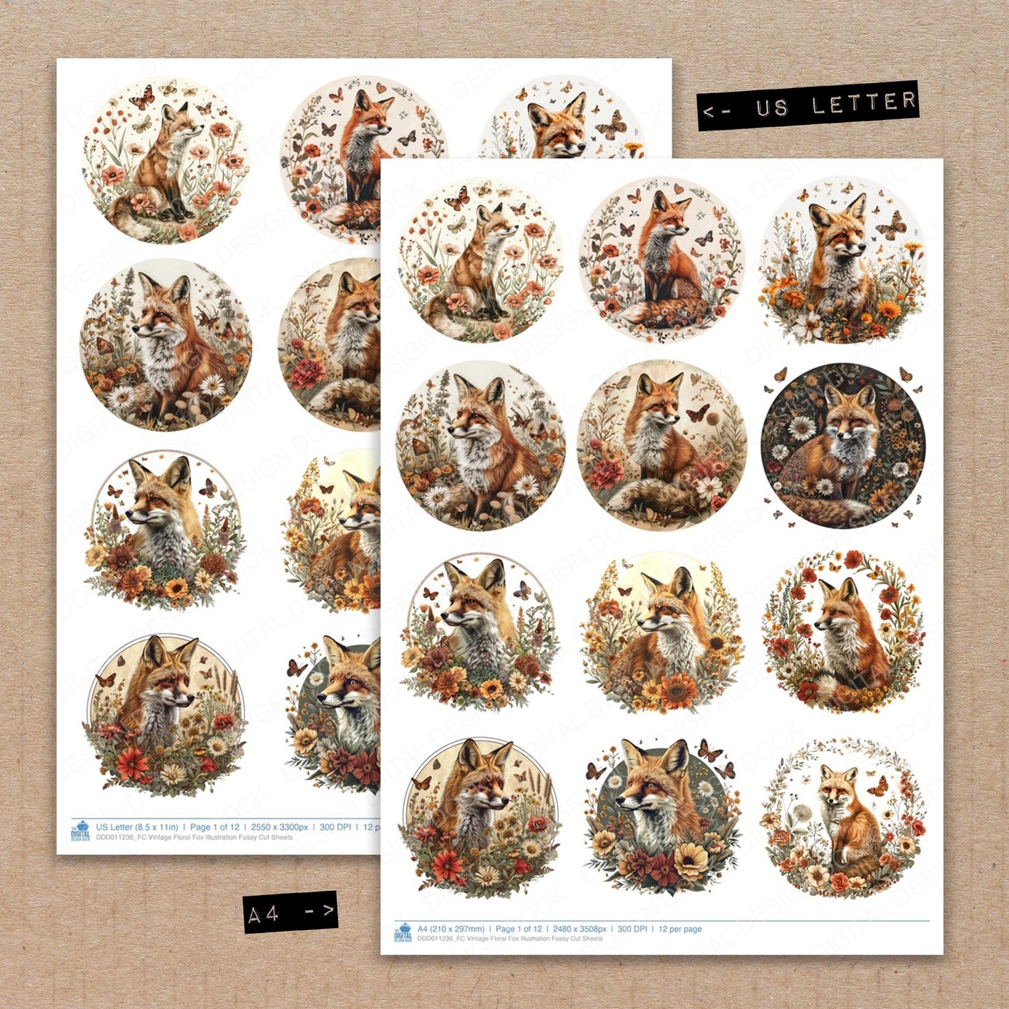 A4 and US Letter format comparison showing Vintage Floral Fox Illustration fussy cut pages for print and cut crafting