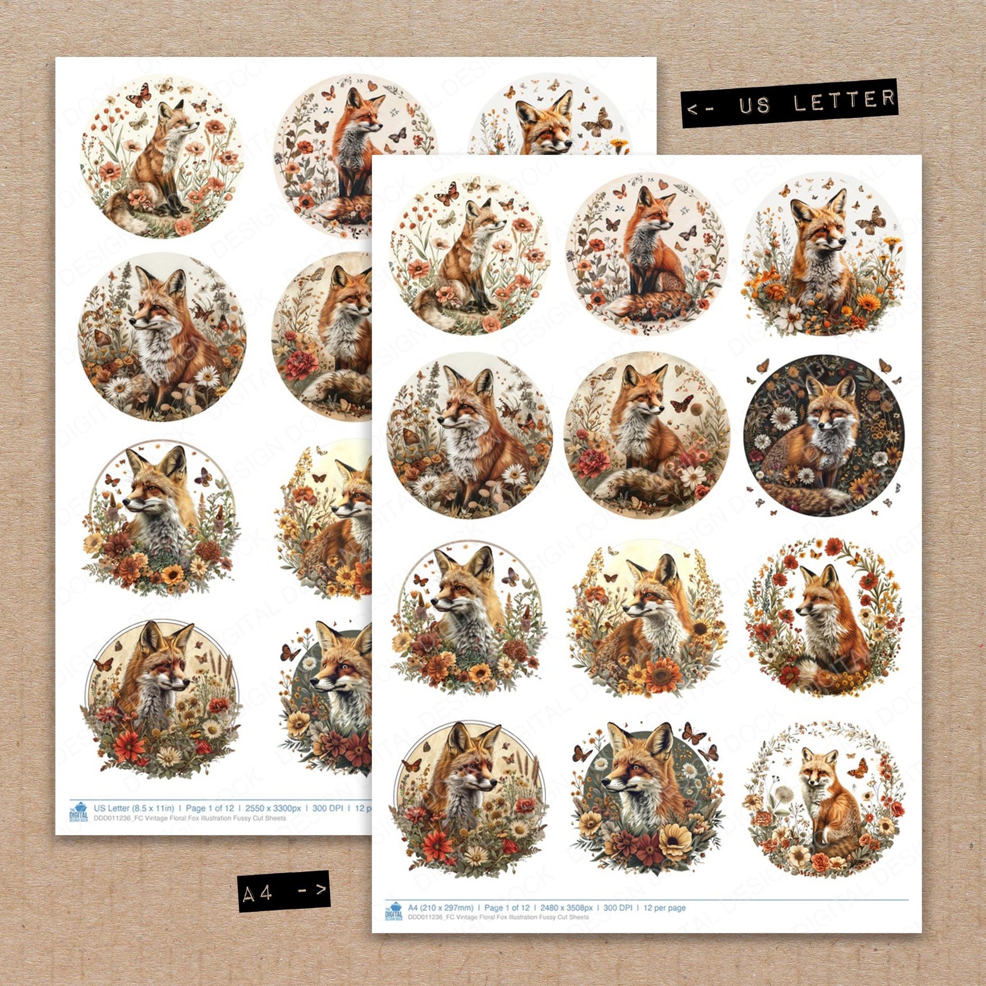 A4 and US Letter format comparison showing Vintage Floral Fox Illustration fussy cut pages for print and cut crafting