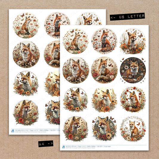 A4 and US Letter format comparison showing Vintage Floral Fox Illustration fussy cut pages for print and cut crafting