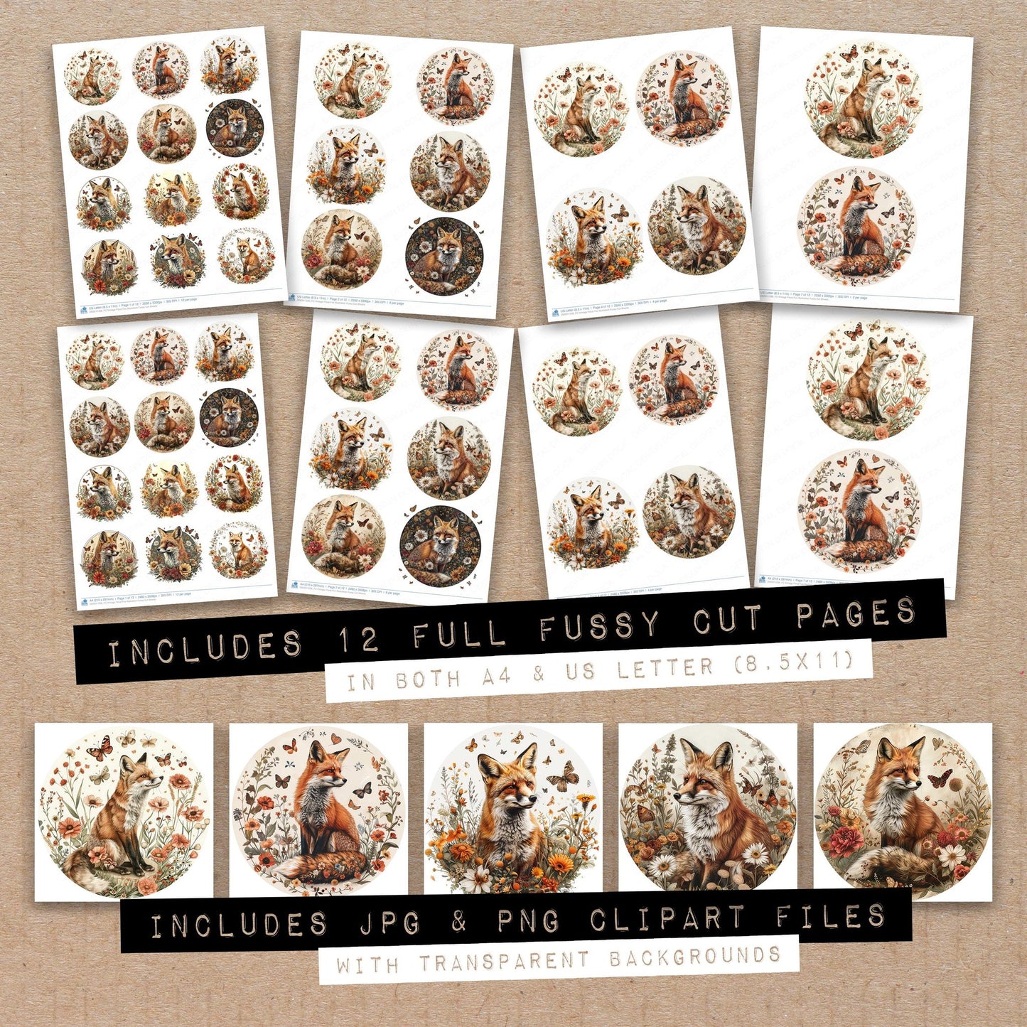 Full collection view of Vintage Floral Fox Illustration fussy cut sheets with bonus clipart JPG and PNG files