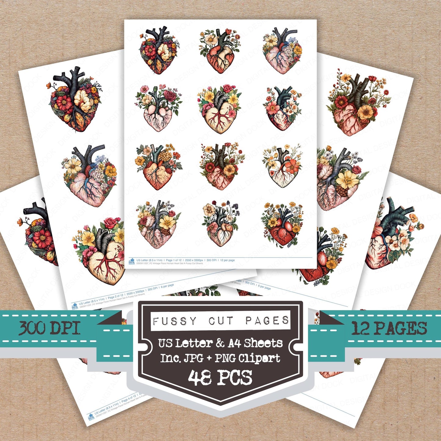 Vintage Floral Human Heart A fussy cut printable sheets for junk journaling, scrapbooking, and paper craft projects