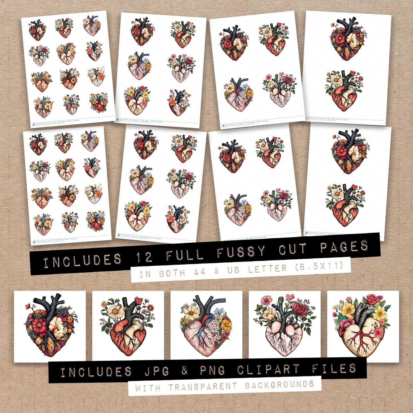Full collection view of Vintage Floral Human Heart A fussy cut sheets with bonus clipart JPG and PNG files