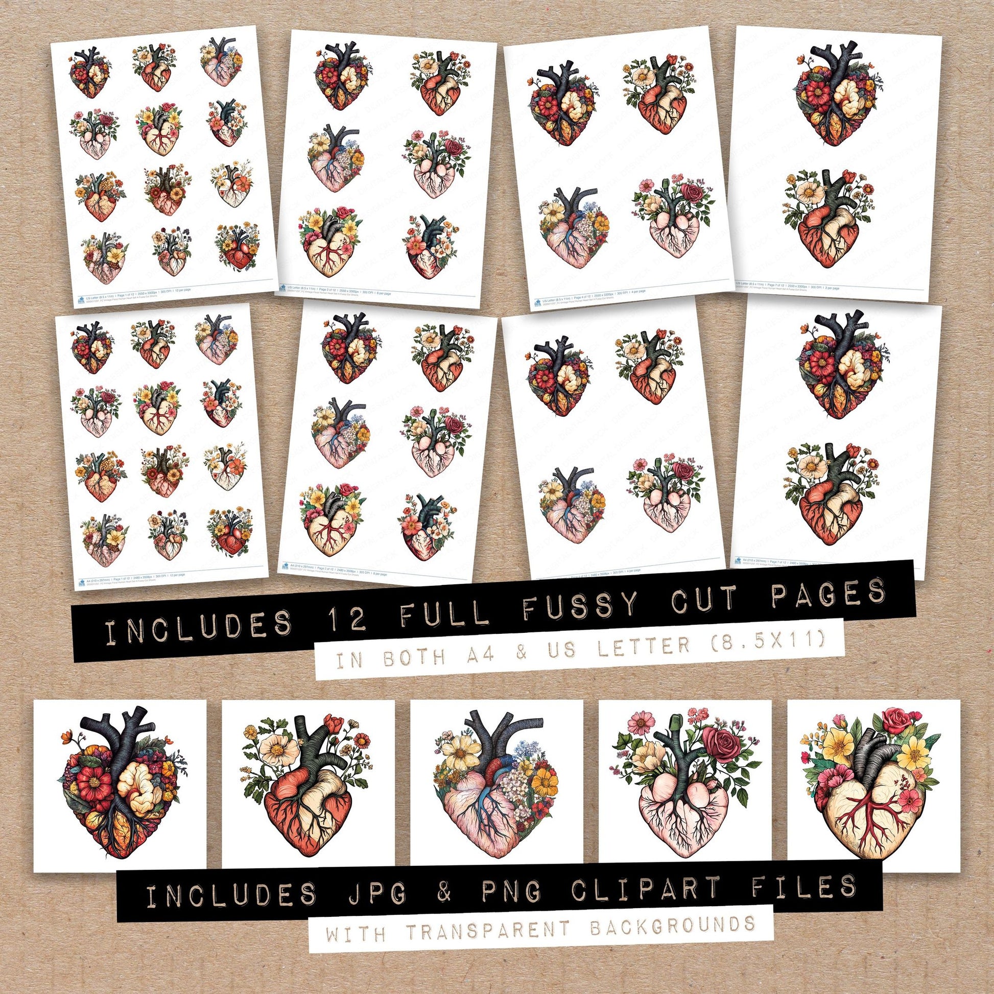 Full collection view of Vintage Floral Human Heart A fussy cut sheets with bonus clipart JPG and PNG files