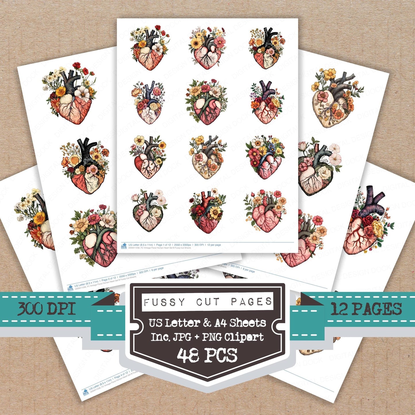 Vintage Floral Human Heart Set B Fussy Cut Sheets (DDD011238)