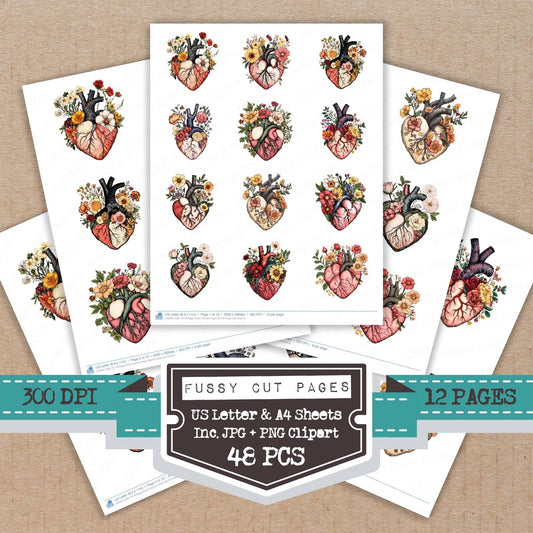 Vintage Floral Human Heart Set B Fussy Cut Sheets (DDD011238)