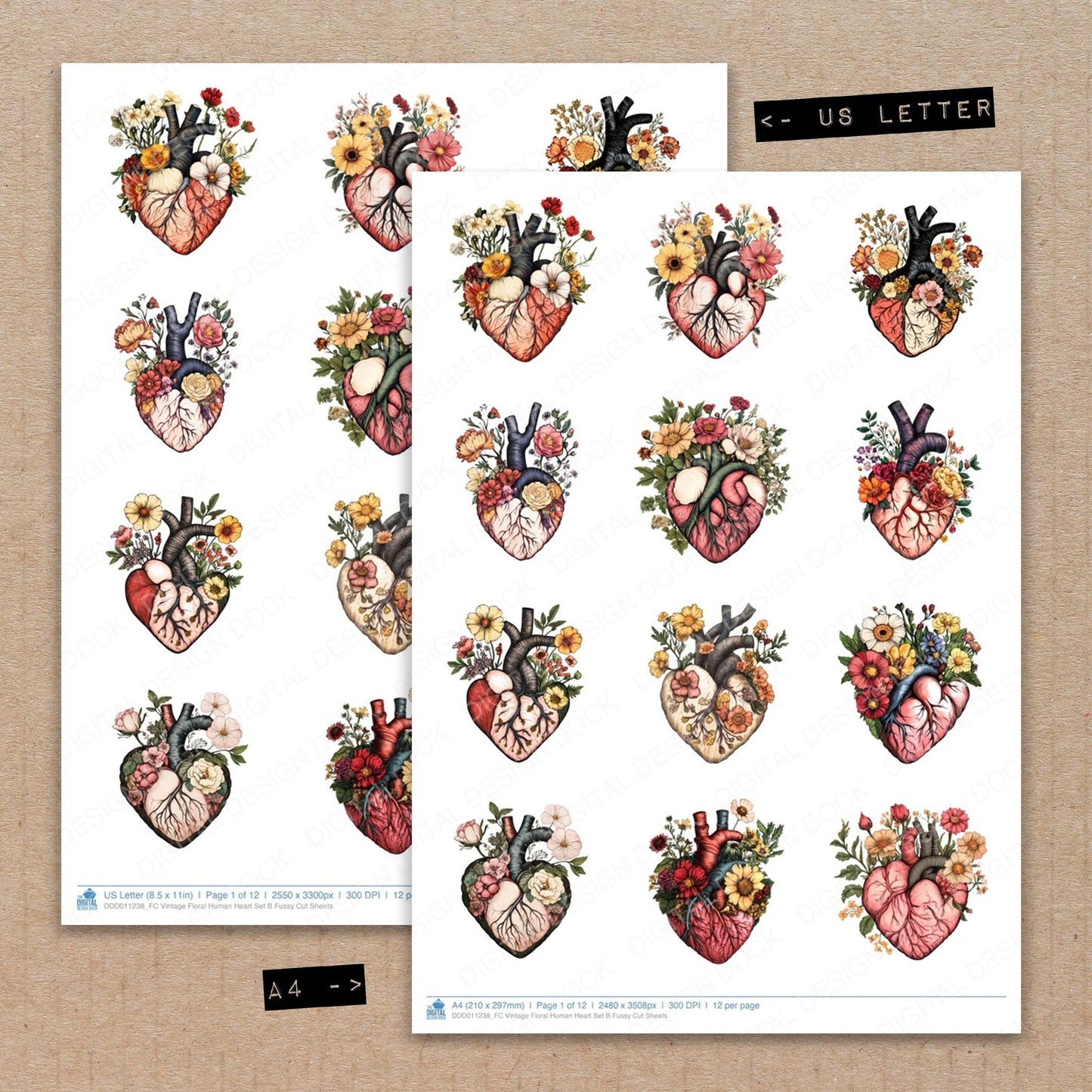 Vintage Floral Human Heart Set B Fussy Cut Sheets (DDD011238)