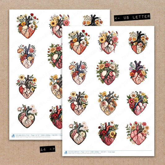 Vintage Floral Human Heart Set B Fussy Cut Sheets (DDD011238)