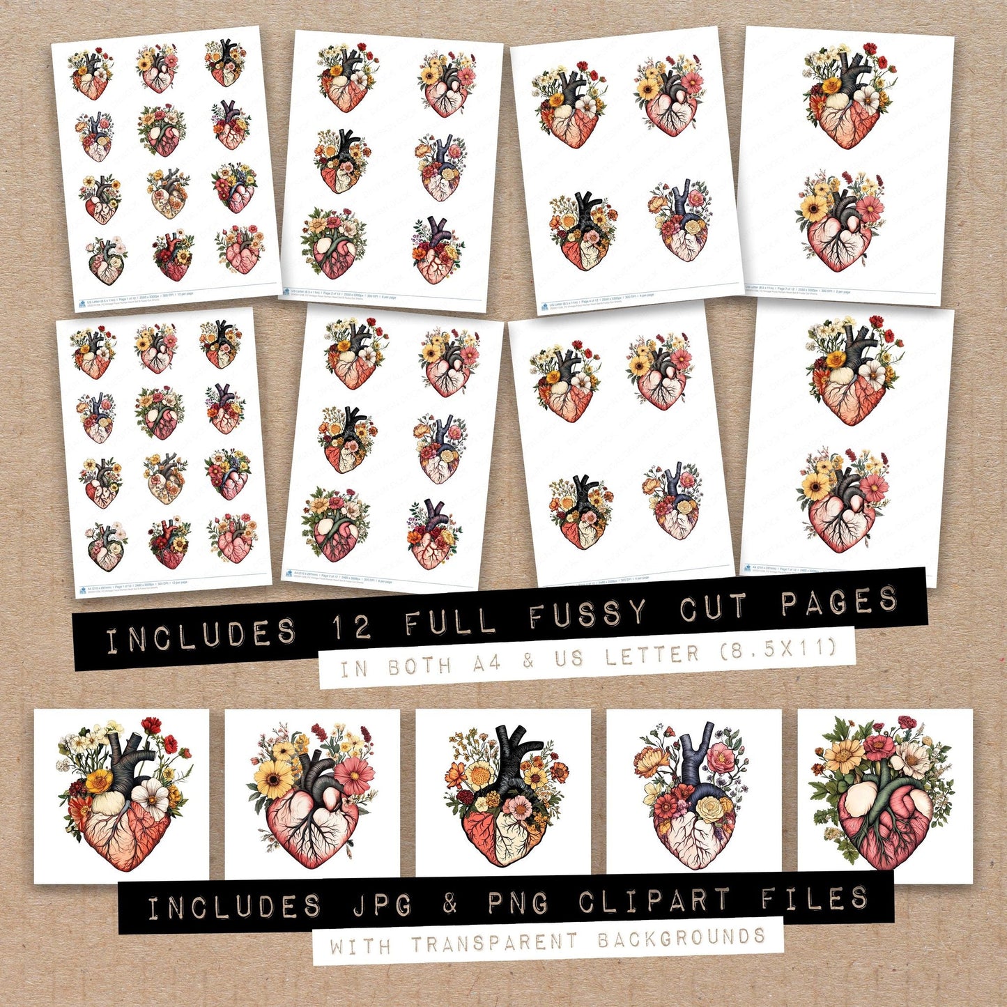 Vintage Floral Human Heart Set B Fussy Cut Sheets (DDD011238)