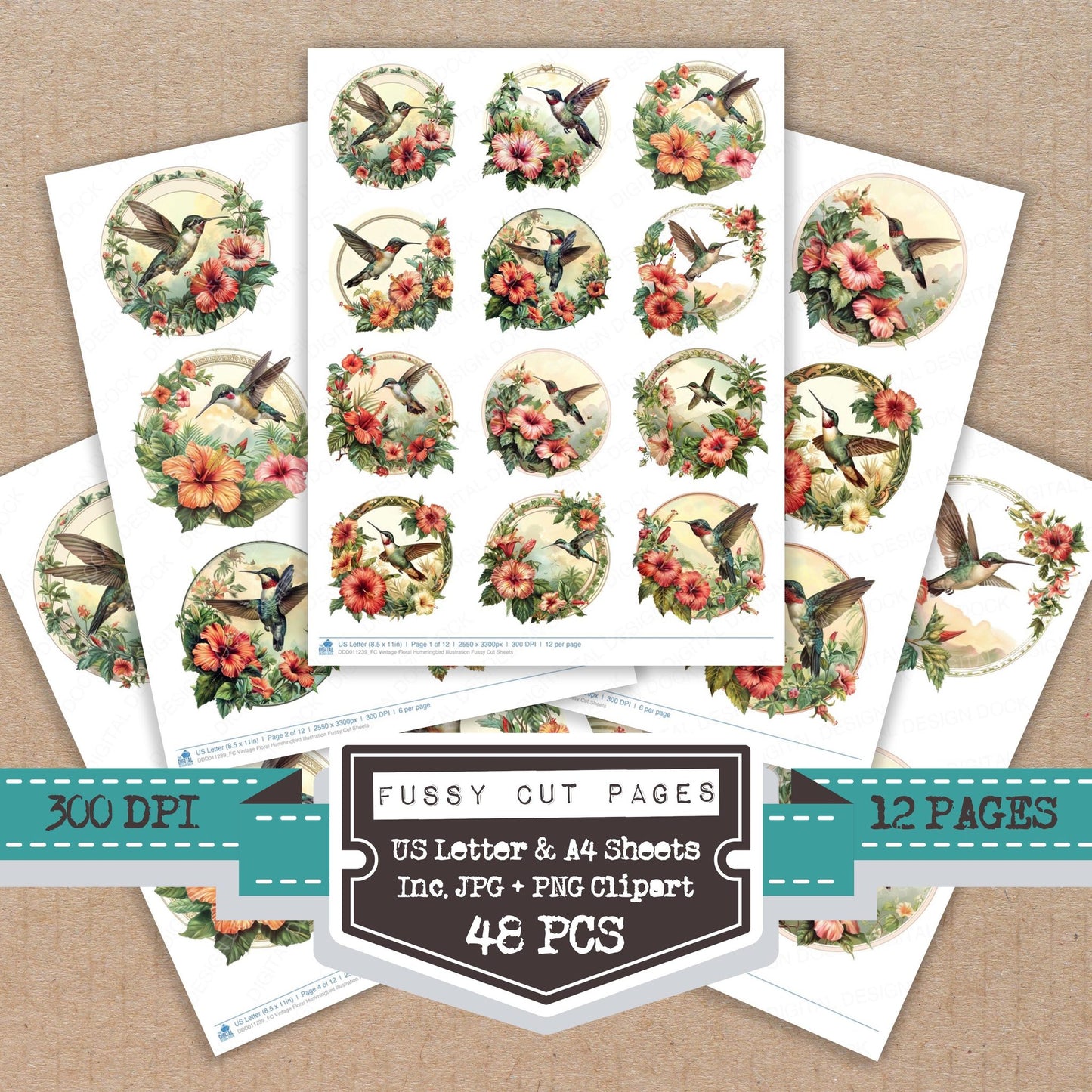 Vintage Floral Hummingbird Illustration fussy cut printable sheets for junk journaling, scrapbooking, and paper craft projects