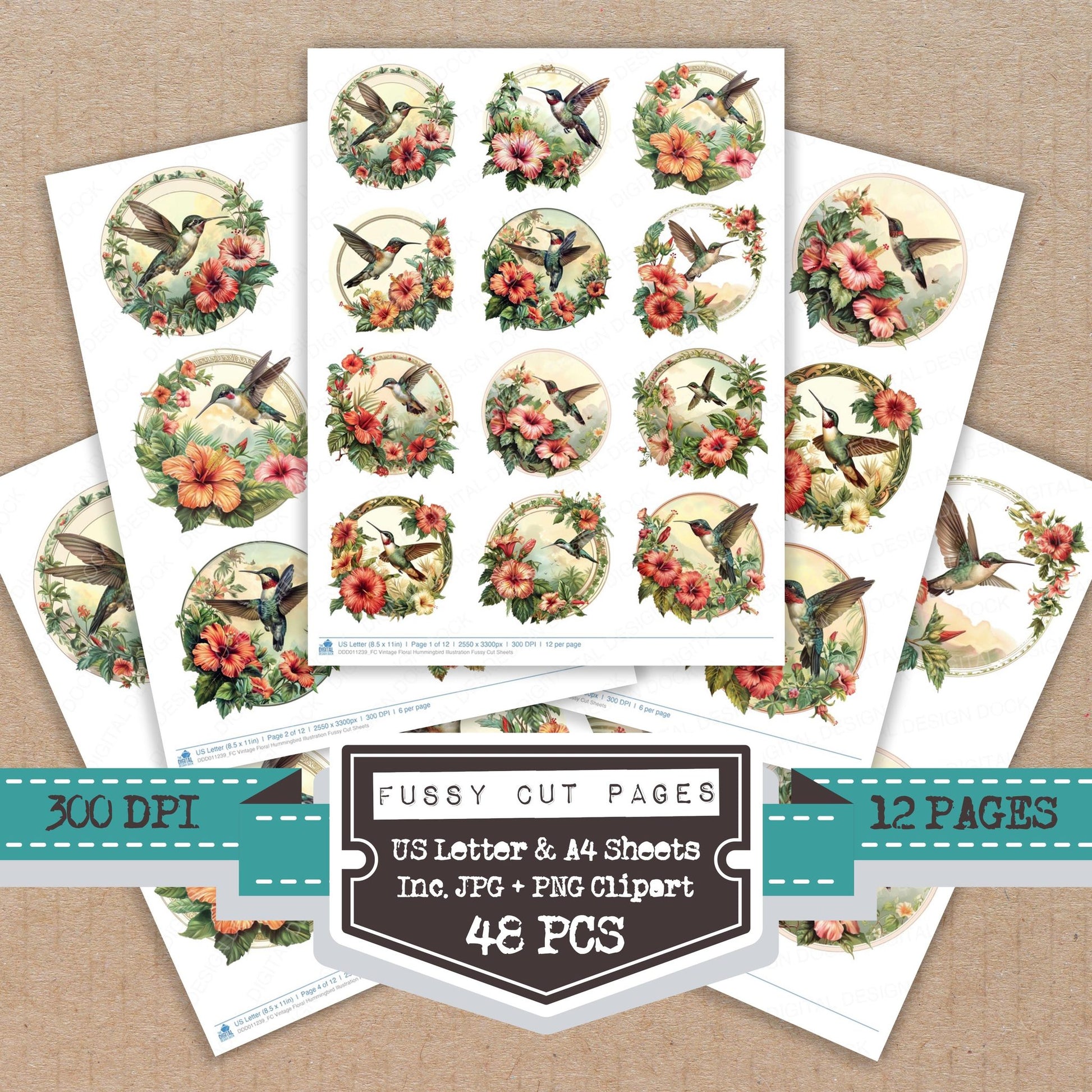 Vintage Floral Hummingbird Illustration fussy cut printable sheets for junk journaling, scrapbooking, and paper craft projects