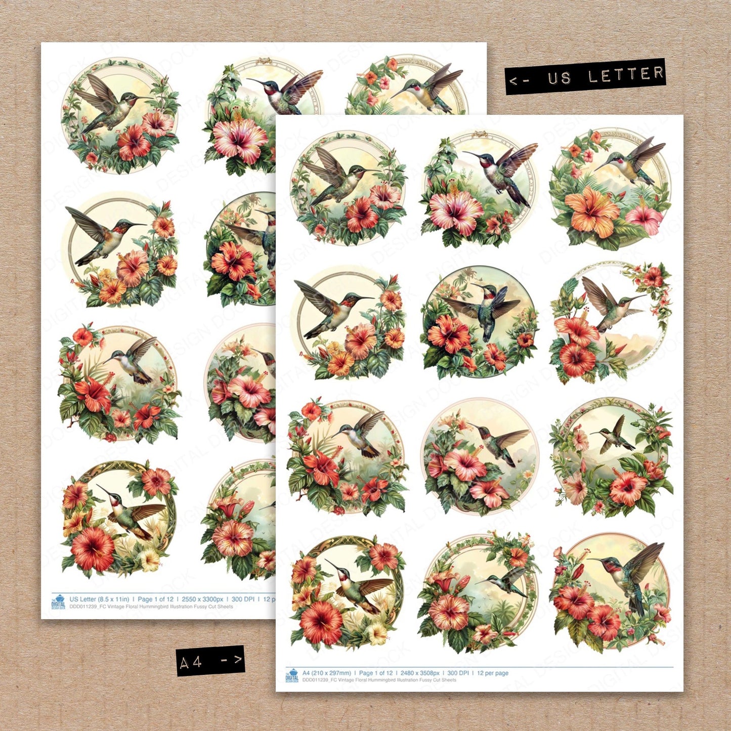 A4 and US Letter format comparison showing Vintage Floral Hummingbird Illustration fussy cut pages for print and cut crafting