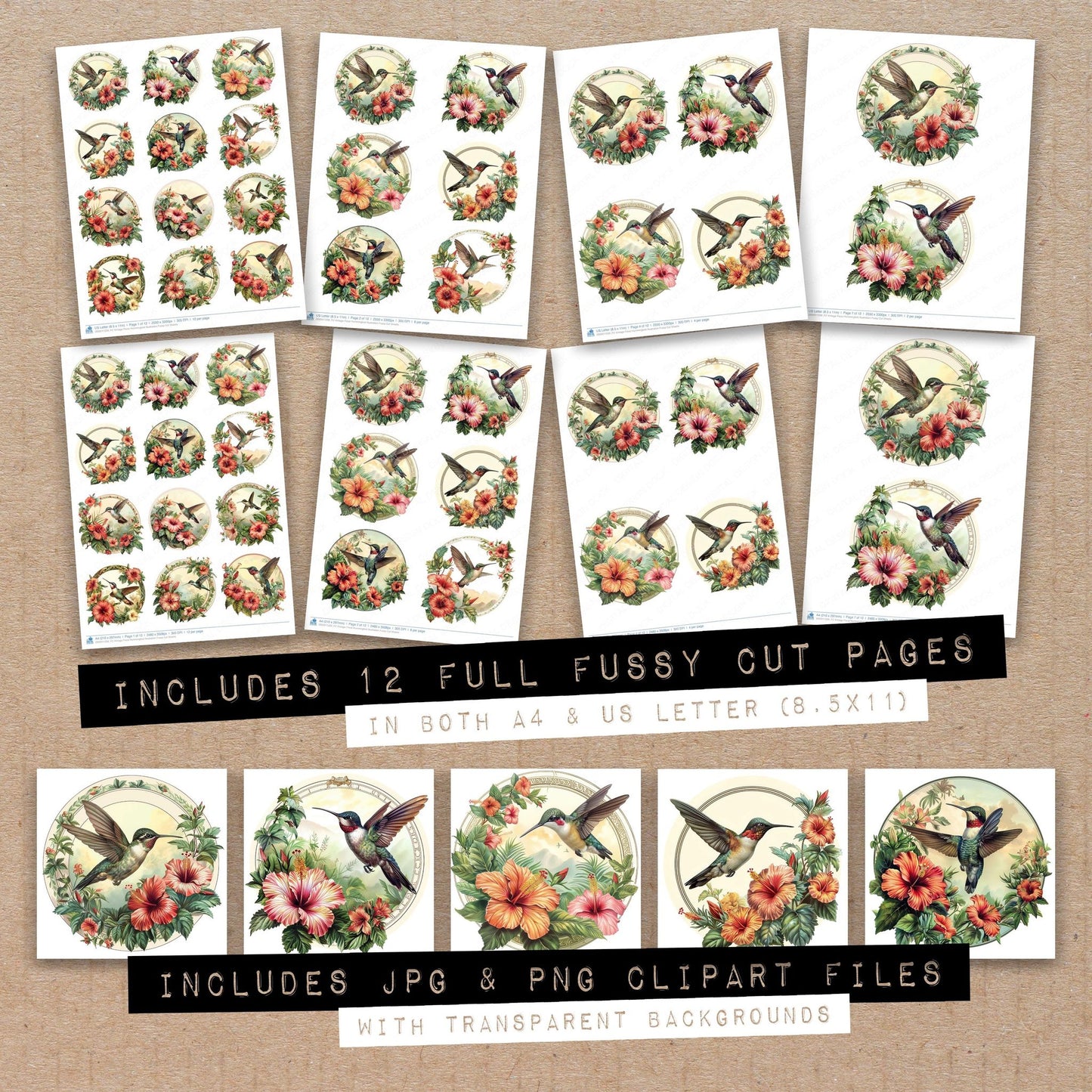 Full collection view of Vintage Floral Hummingbird Illustration fussy cut sheets with bonus clipart JPG and PNG files