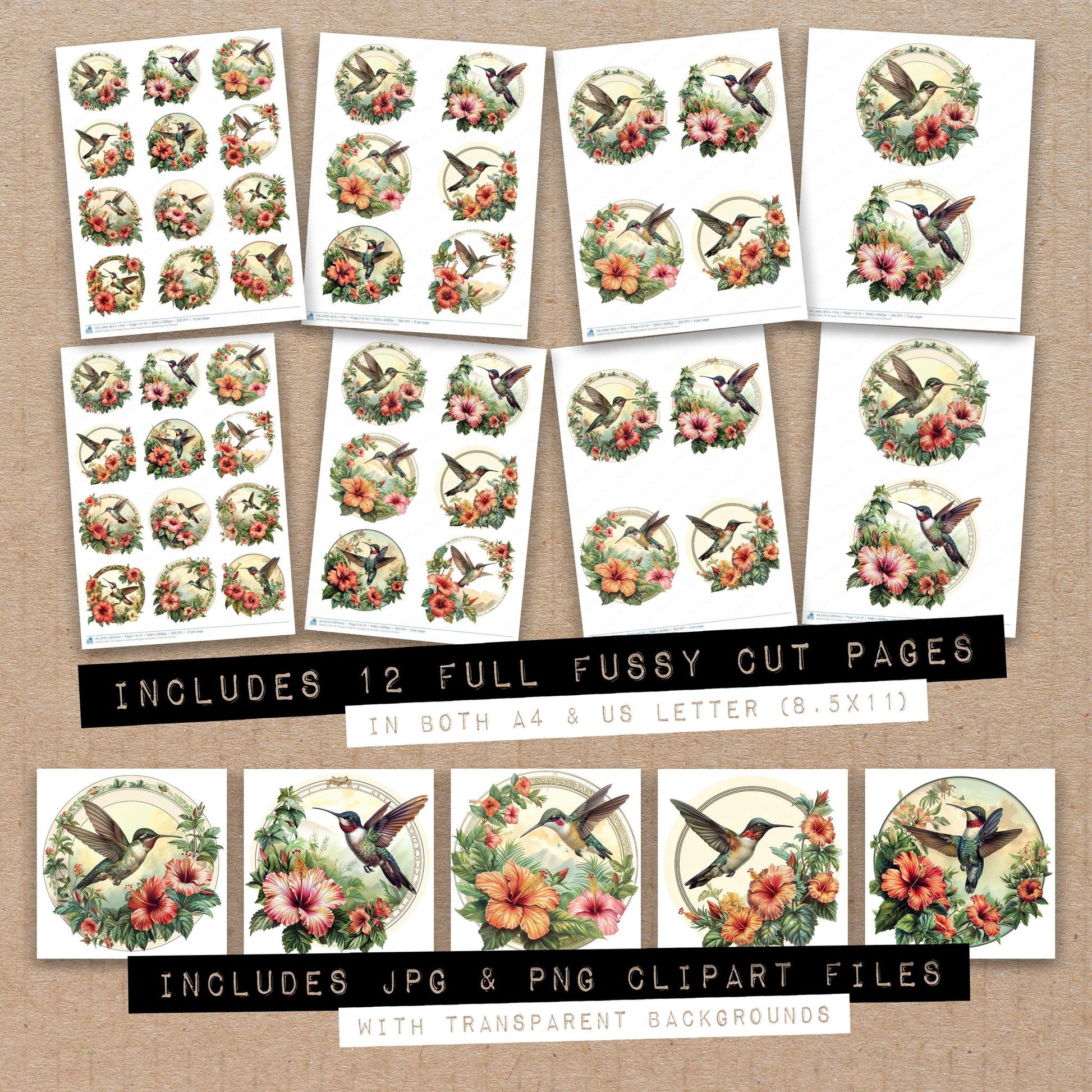 Full collection view of Vintage Floral Hummingbird Illustration fussy cut sheets with bonus clipart JPG and PNG files