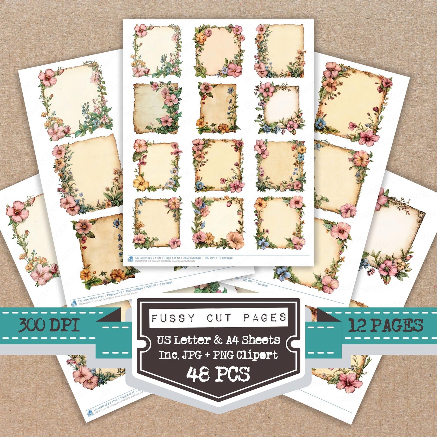 Vintage Floral Notice Board fussy cut printable sheets for junk journaling, scrapbooking, and paper craft projects