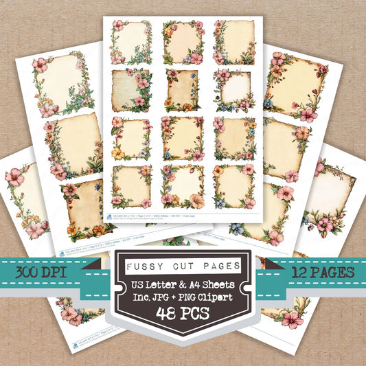 Vintage Floral Notice Board fussy cut printable sheets for junk journaling, scrapbooking, and paper craft projects