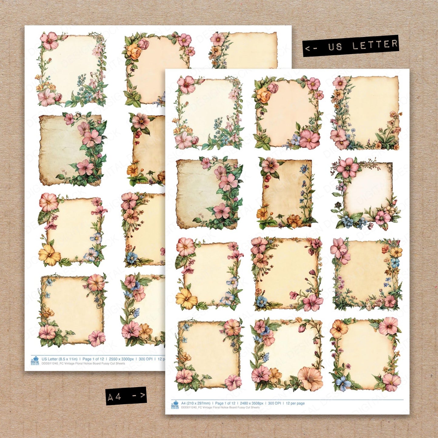 A4 and US Letter format comparison showing Vintage Floral Notice Board fussy cut pages for print and cut crafting