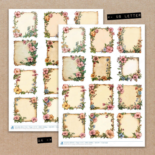 A4 and US Letter format comparison showing Vintage Floral Notice Board fussy cut pages for print and cut crafting
