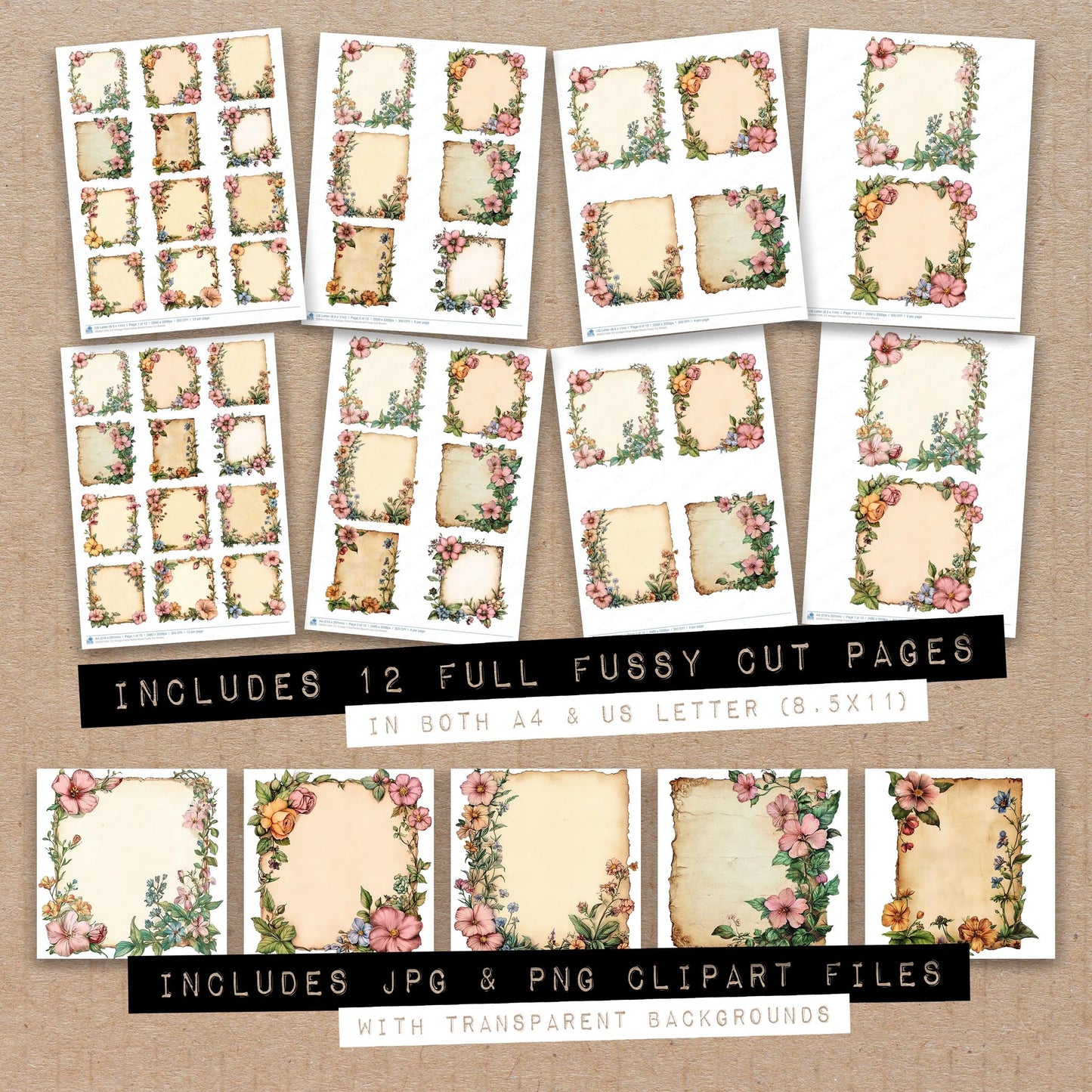 Full collection view of Vintage Floral Notice Board fussy cut sheets with bonus clipart JPG and PNG files