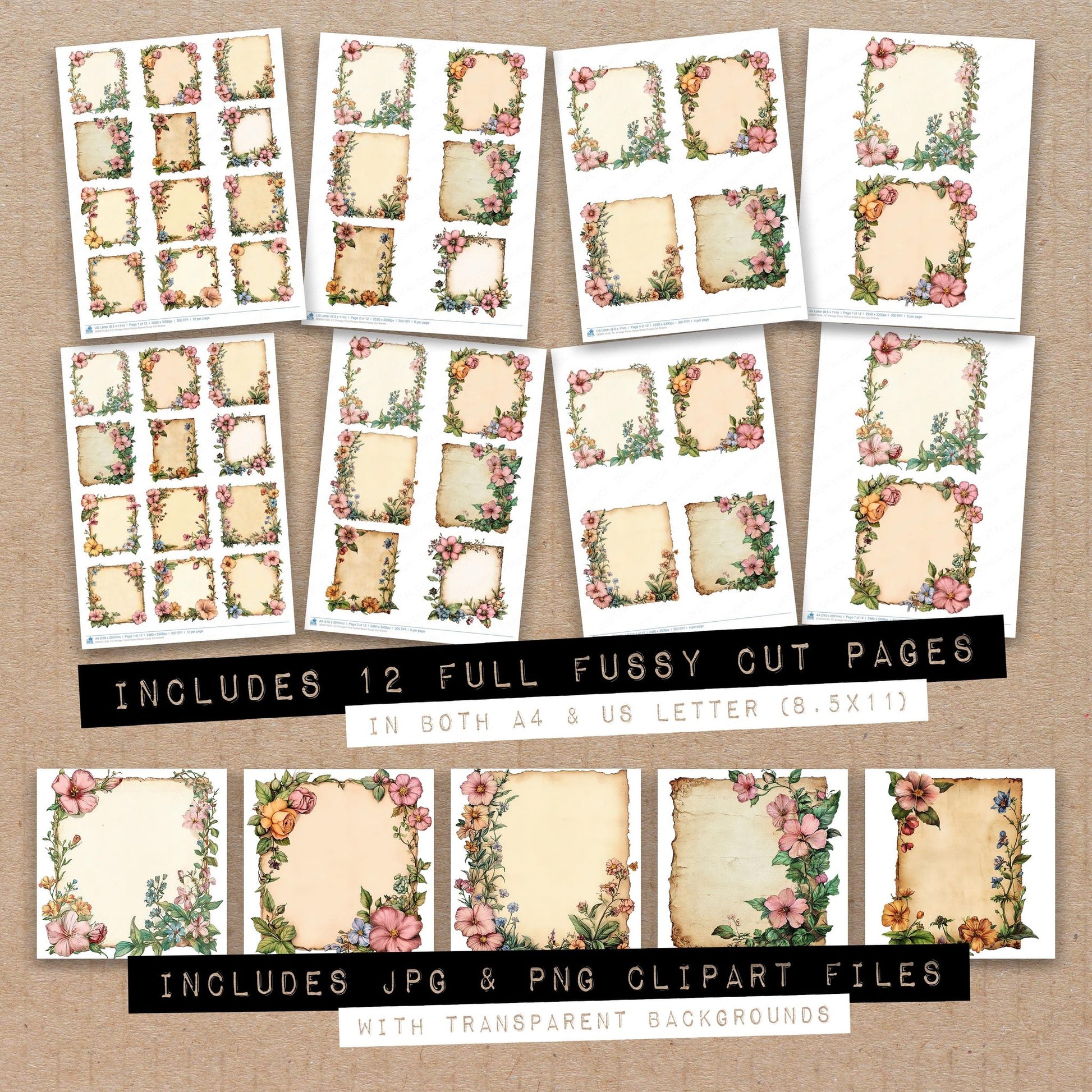 Full collection view of Vintage Floral Notice Board fussy cut sheets with bonus clipart JPG and PNG files