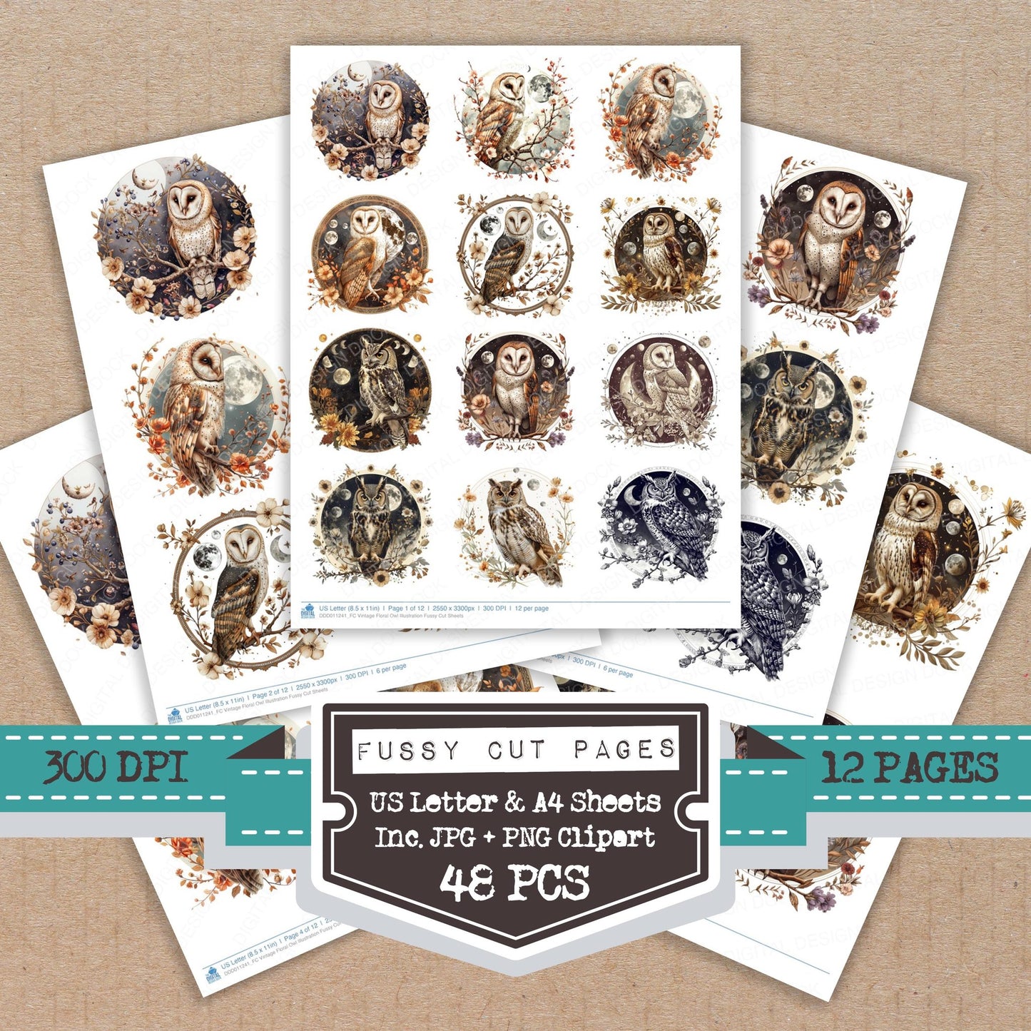 Vintage Floral Owl Illustration fussy cut printable sheets for junk journaling, scrapbooking, and paper craft projects