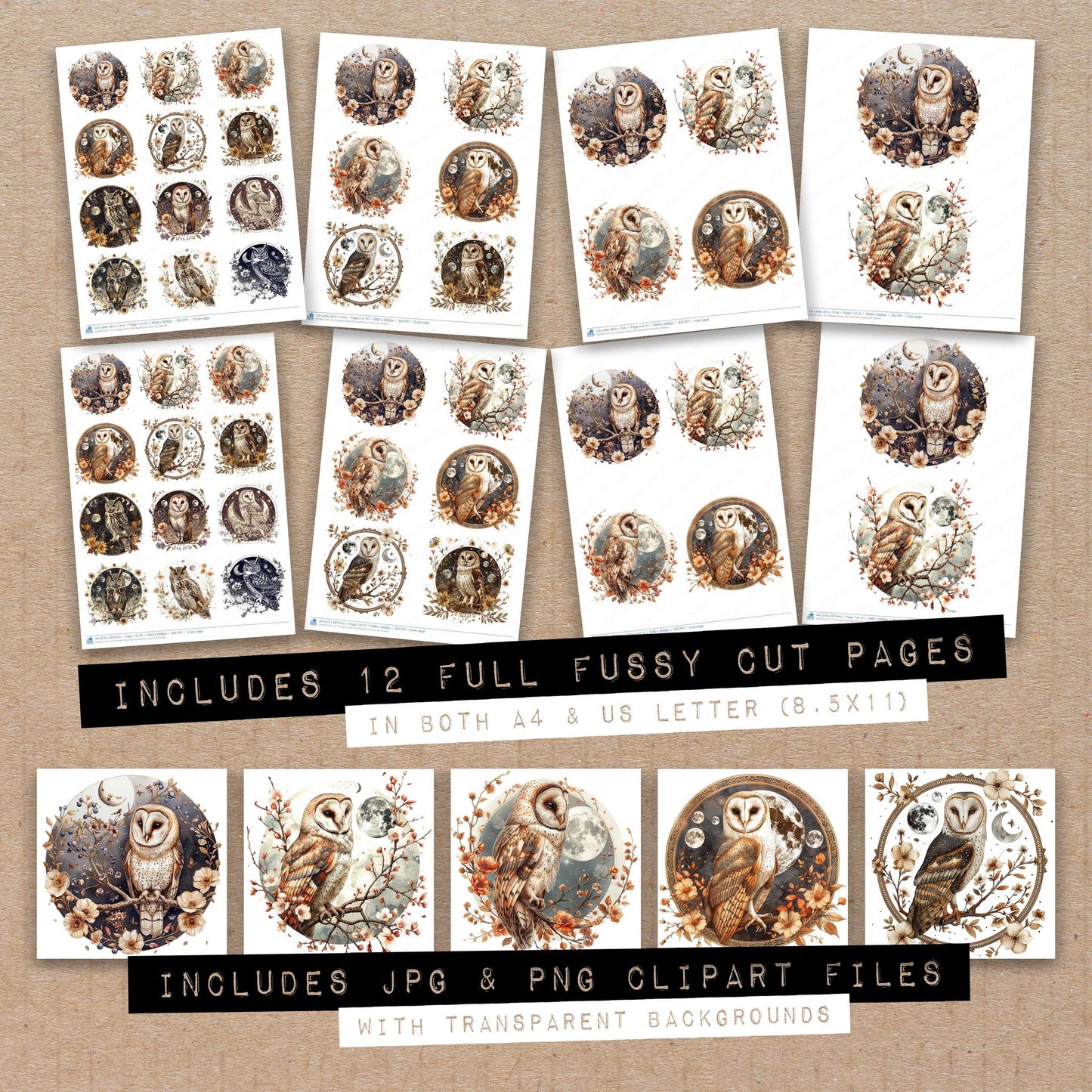 Full collection view of Vintage Floral Owl Illustration fussy cut sheets with bonus clipart JPG and PNG files