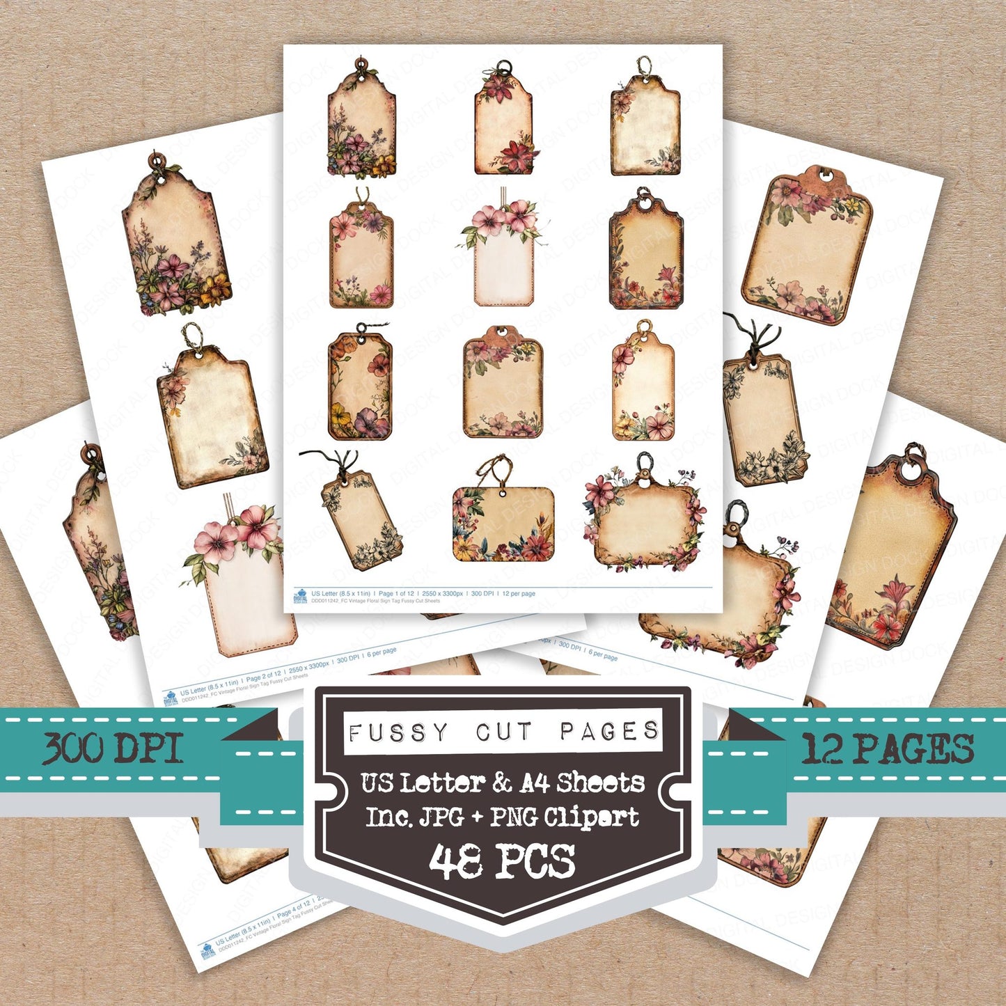 Vintage Floral Sign Tag fussy cut printable sheets for junk journaling, scrapbooking, and paper craft projects