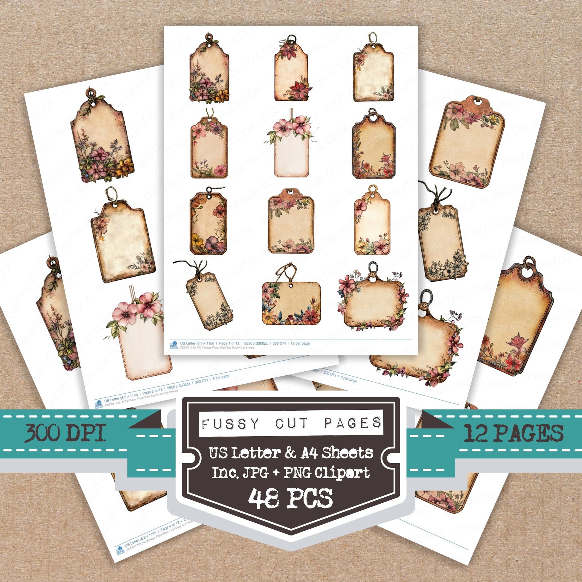 Vintage Floral Sign Tag fussy cut printable sheets for junk journaling, scrapbooking, and paper craft projects