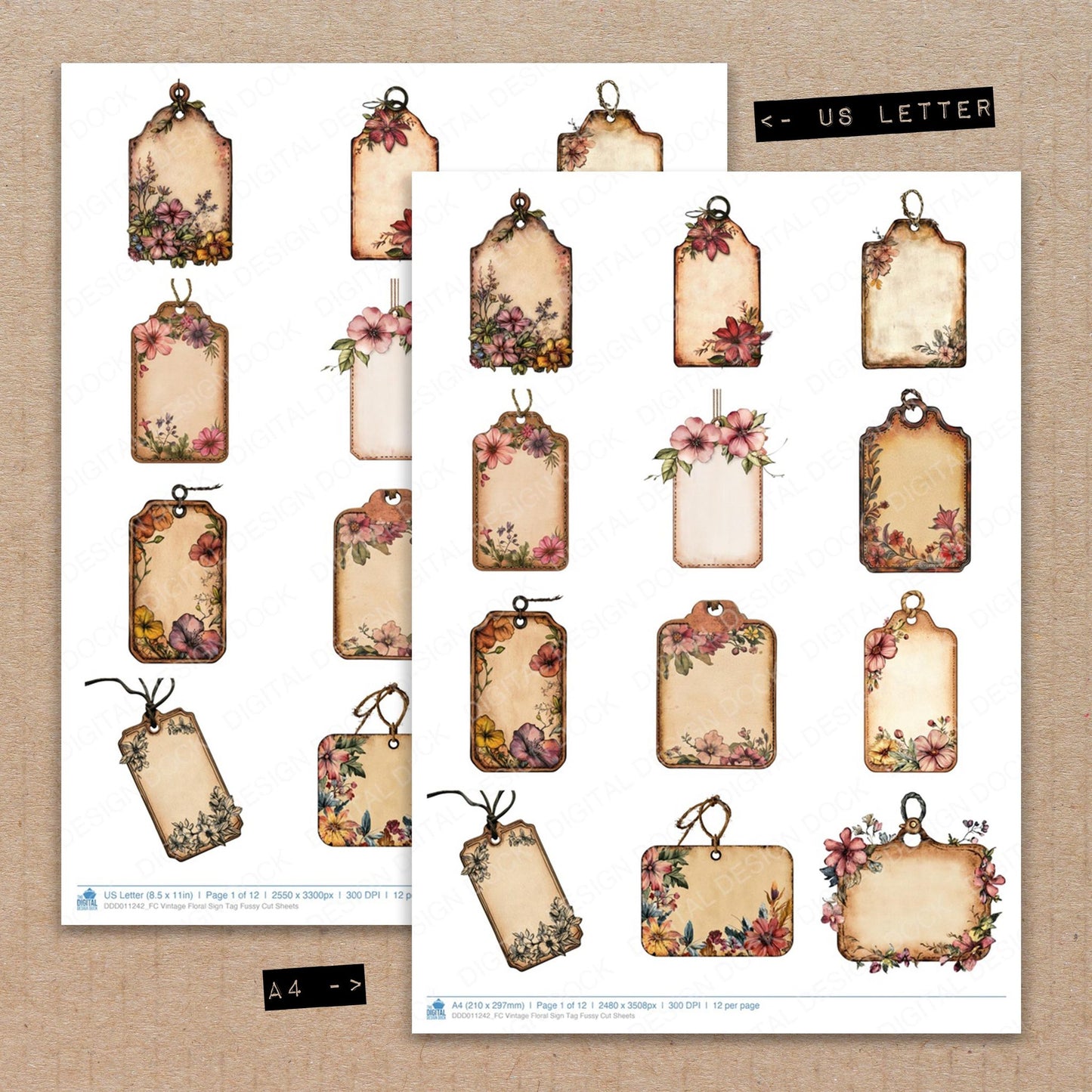 A4 and US Letter format comparison showing Vintage Floral Sign Tag fussy cut pages for print and cut crafting