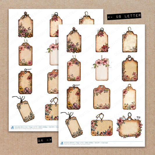 A4 and US Letter format comparison showing Vintage Floral Sign Tag fussy cut pages for print and cut crafting