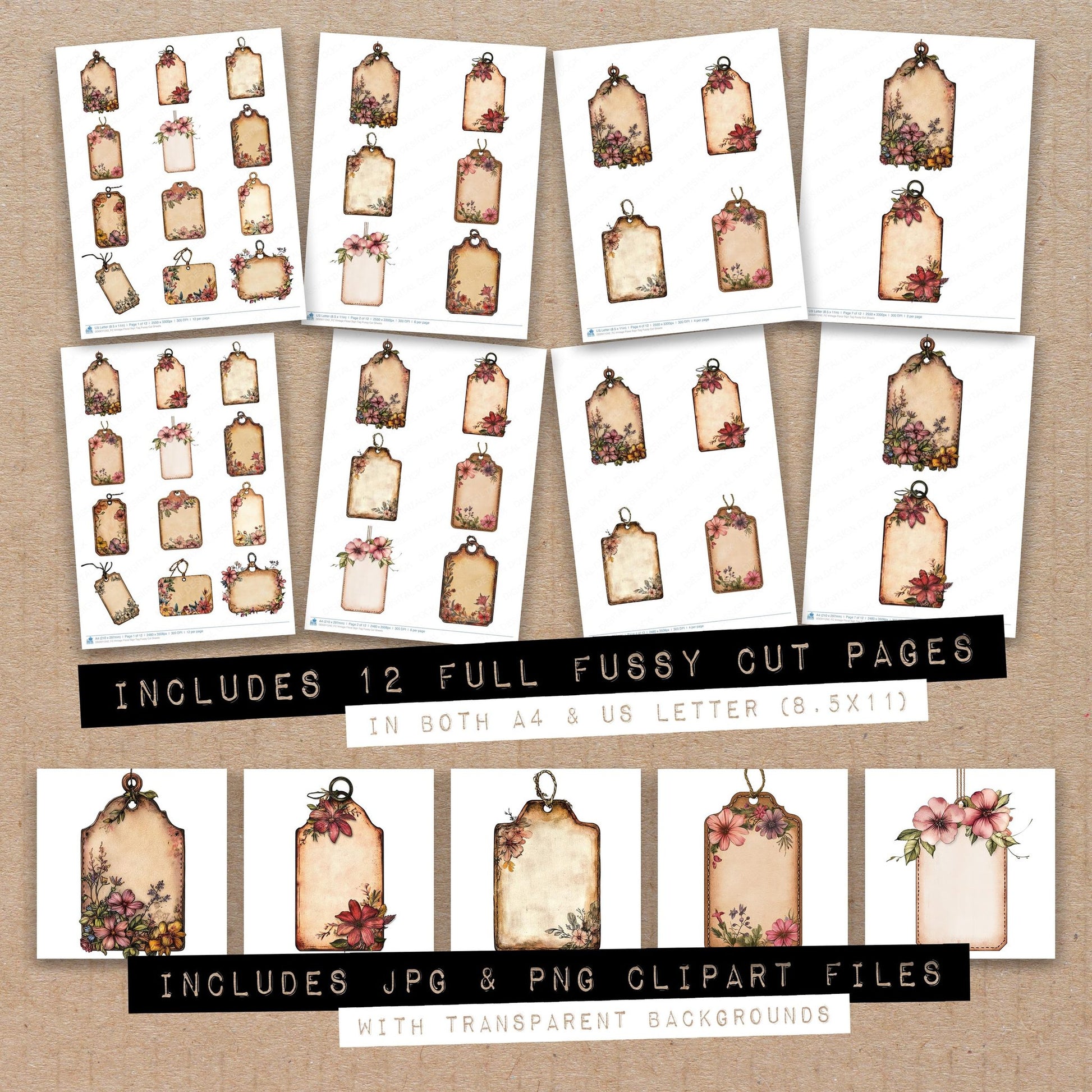Full collection view of Vintage Floral Sign Tag fussy cut sheets with bonus clipart JPG and PNG files