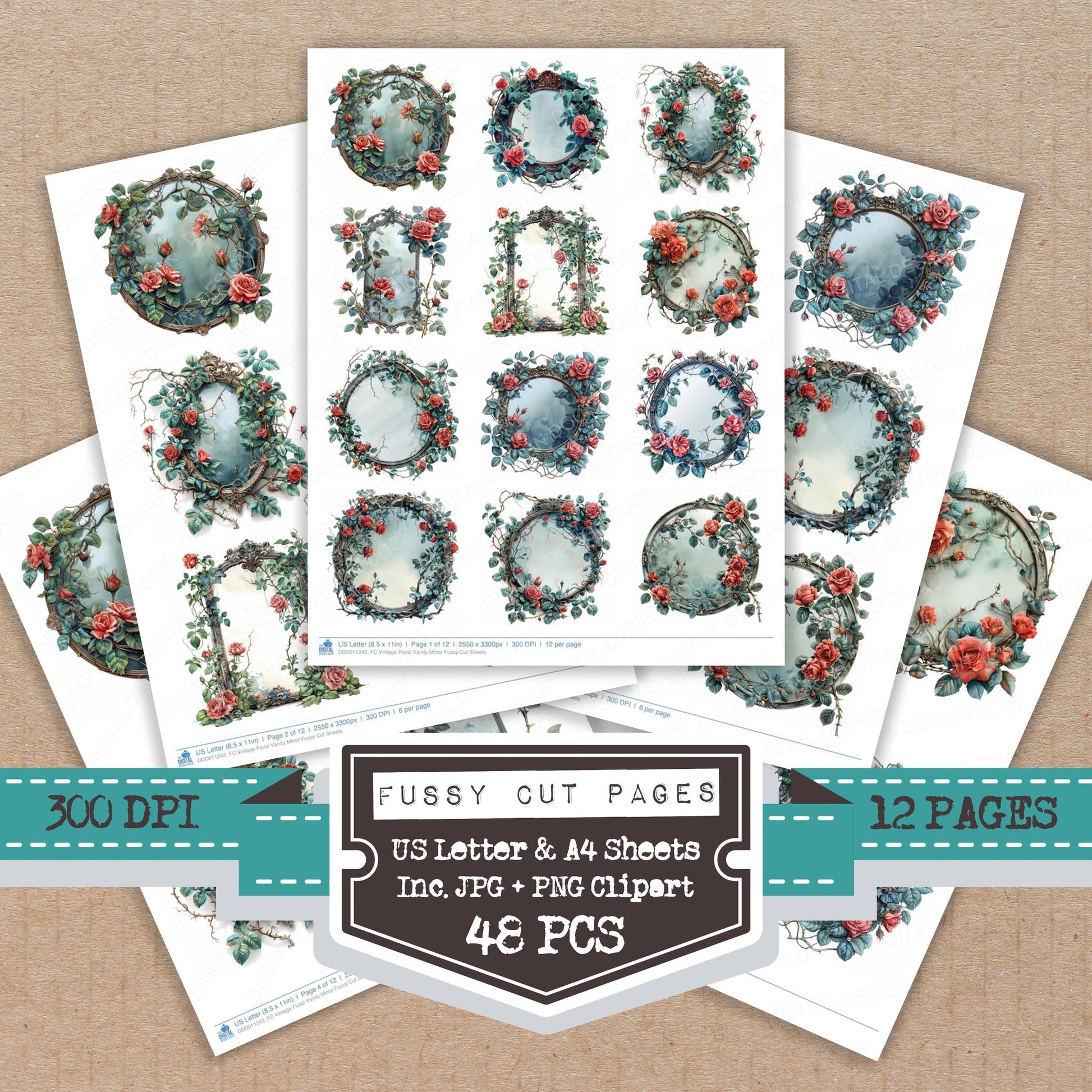 Vintage Floral Vanity Mirror fussy cut printable sheets for junk journaling, scrapbooking, and paper craft projects