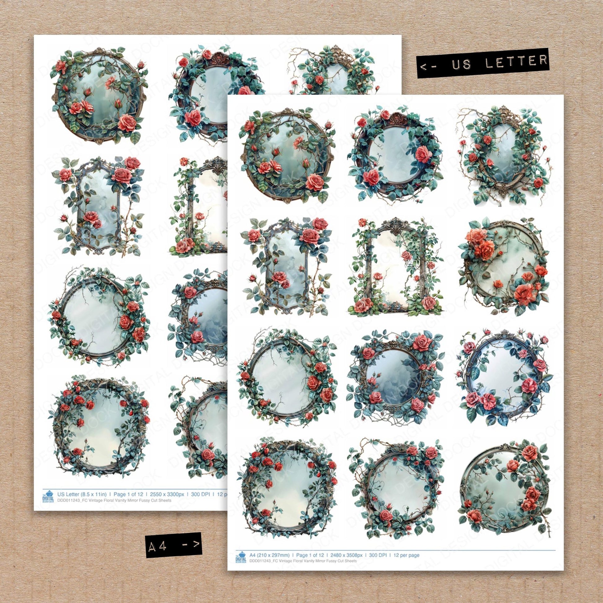 A4 and US Letter format comparison showing Vintage Floral Vanity Mirror fussy cut pages for print and cut crafting