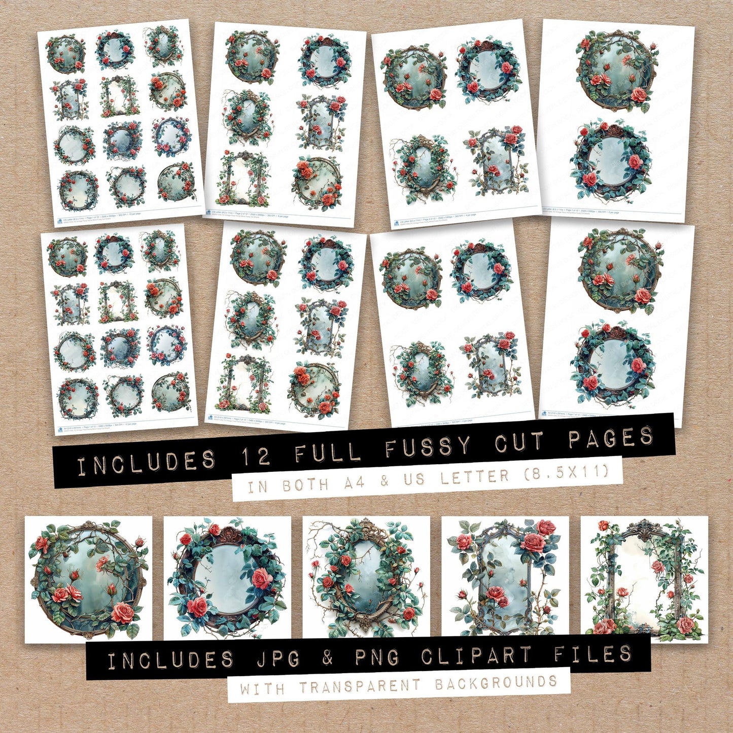 Full collection view of Vintage Floral Vanity Mirror fussy cut sheets with bonus clipart JPG and PNG files