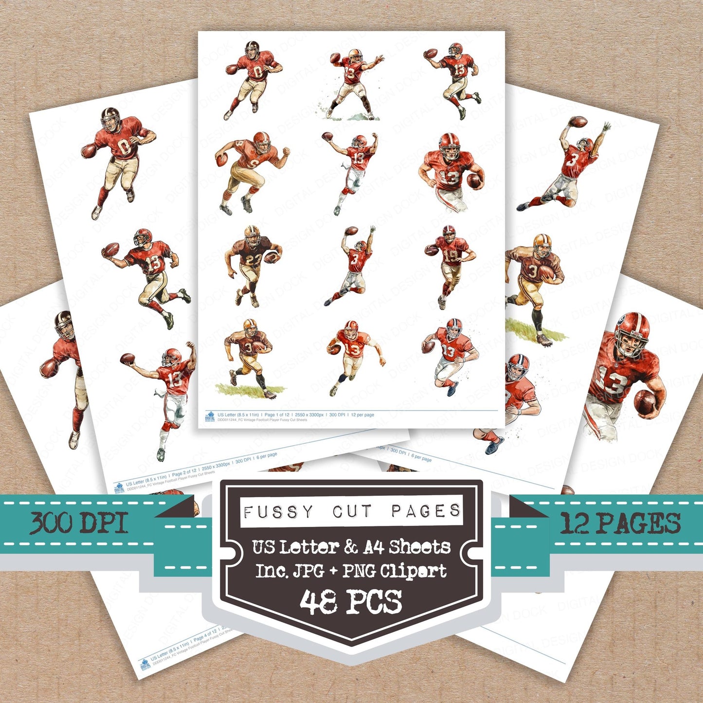 Vintage Football Player fussy cut printable sheets for junk journaling, scrapbooking, and paper craft projects