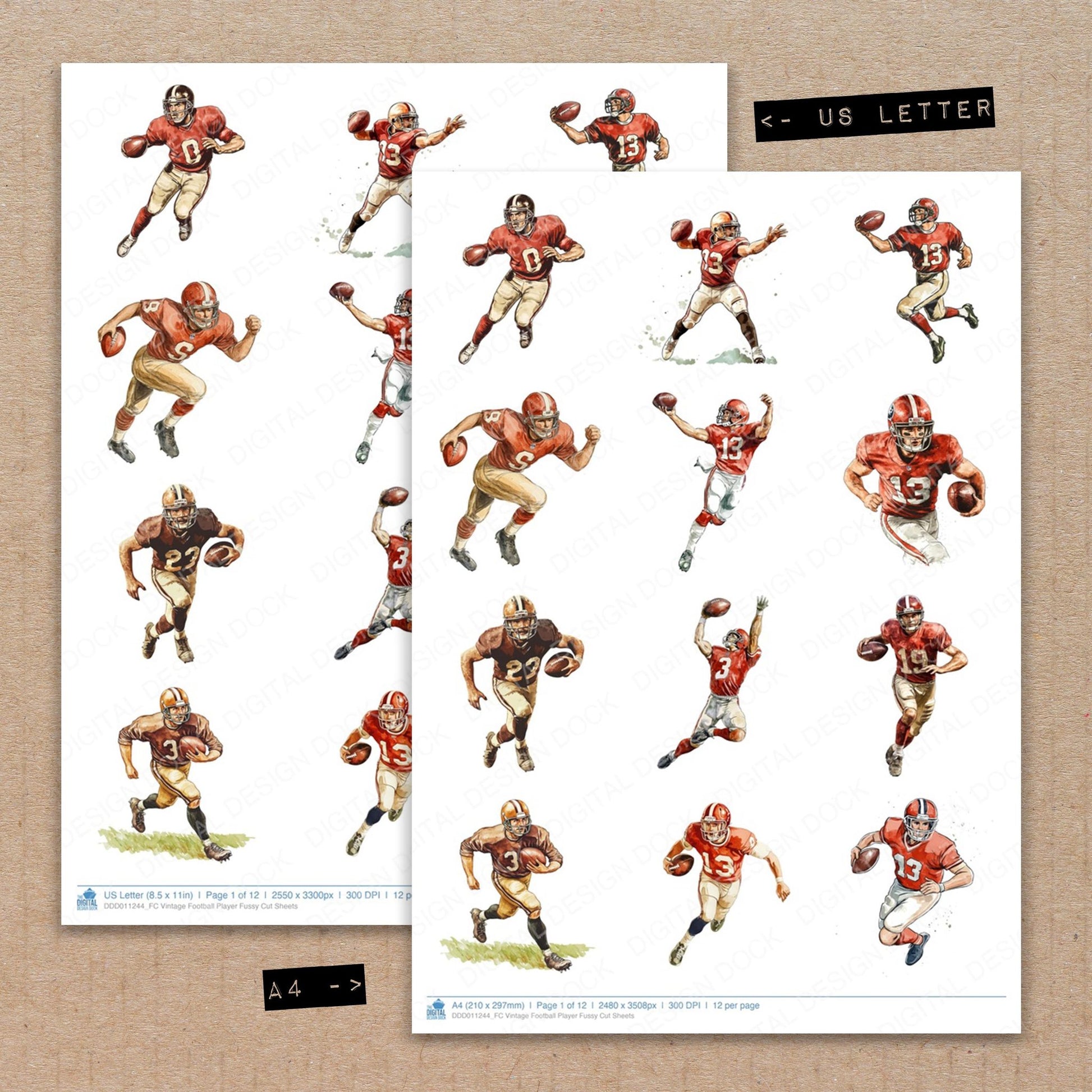 A4 and US Letter format comparison showing Vintage Football Player fussy cut pages for print and cut crafting