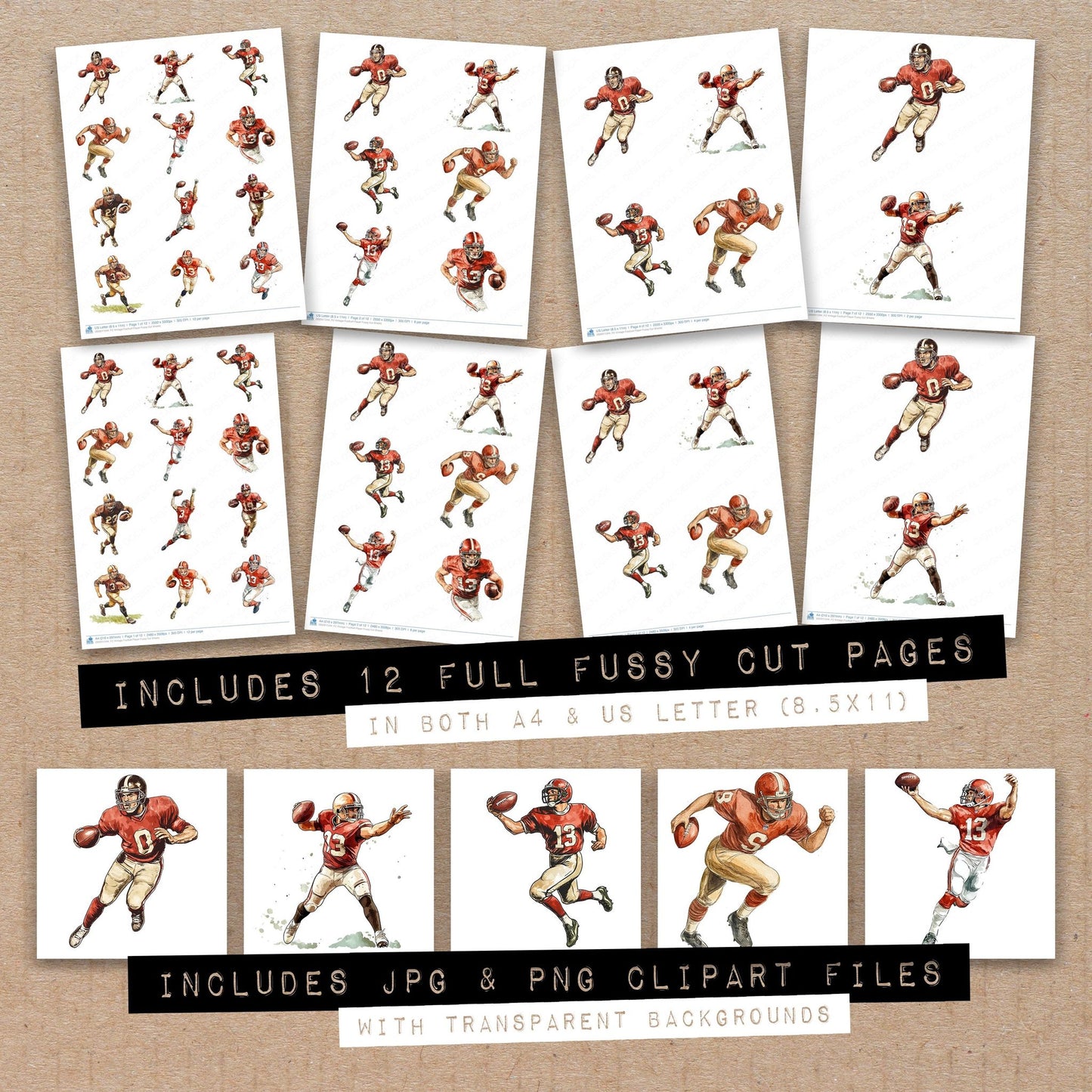 Full collection view of Vintage Football Player fussy cut sheets with bonus clipart JPG and PNG files